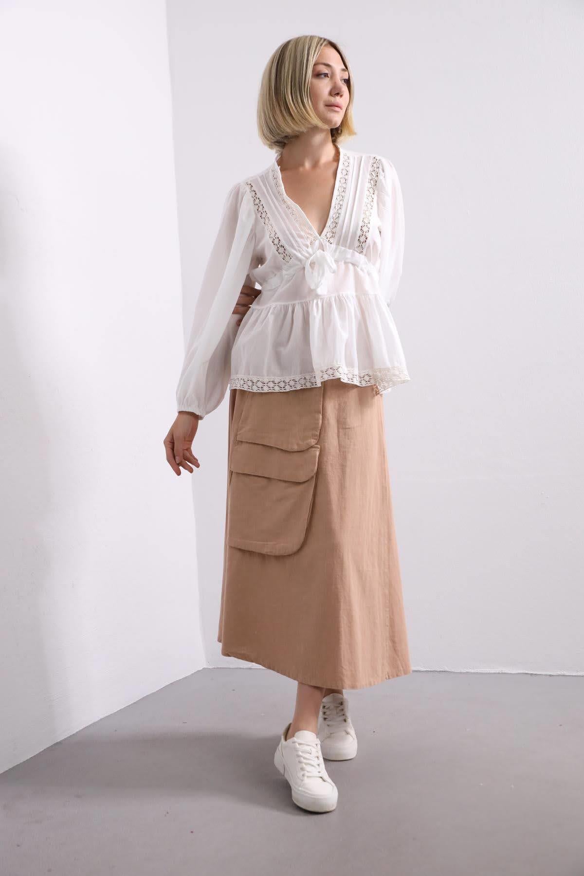Saman Butik | Shop Online White V Neck Blouse with Tie Detail