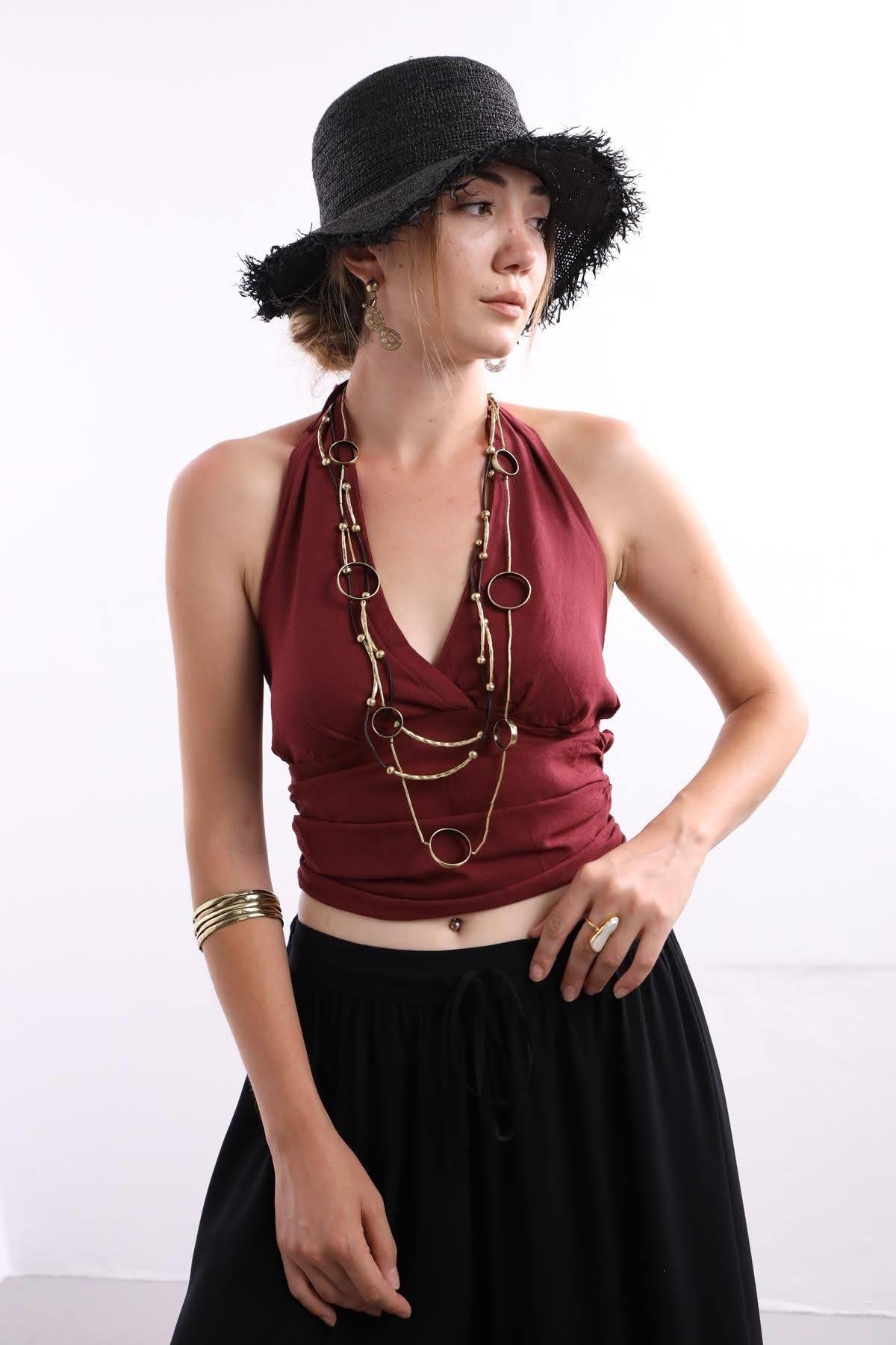 Burgundy Tie Back Blouse - Saman Butik | Boho Fashion Burgundy Tie Back Blouse
