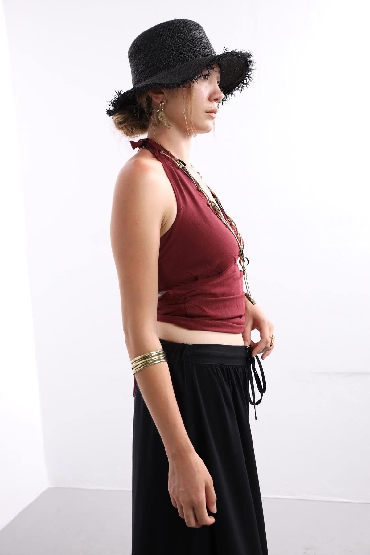 Burgundy Tie Back Blouse - Saman Butik | Boho Fashion Burgundy Tie Back Blouse