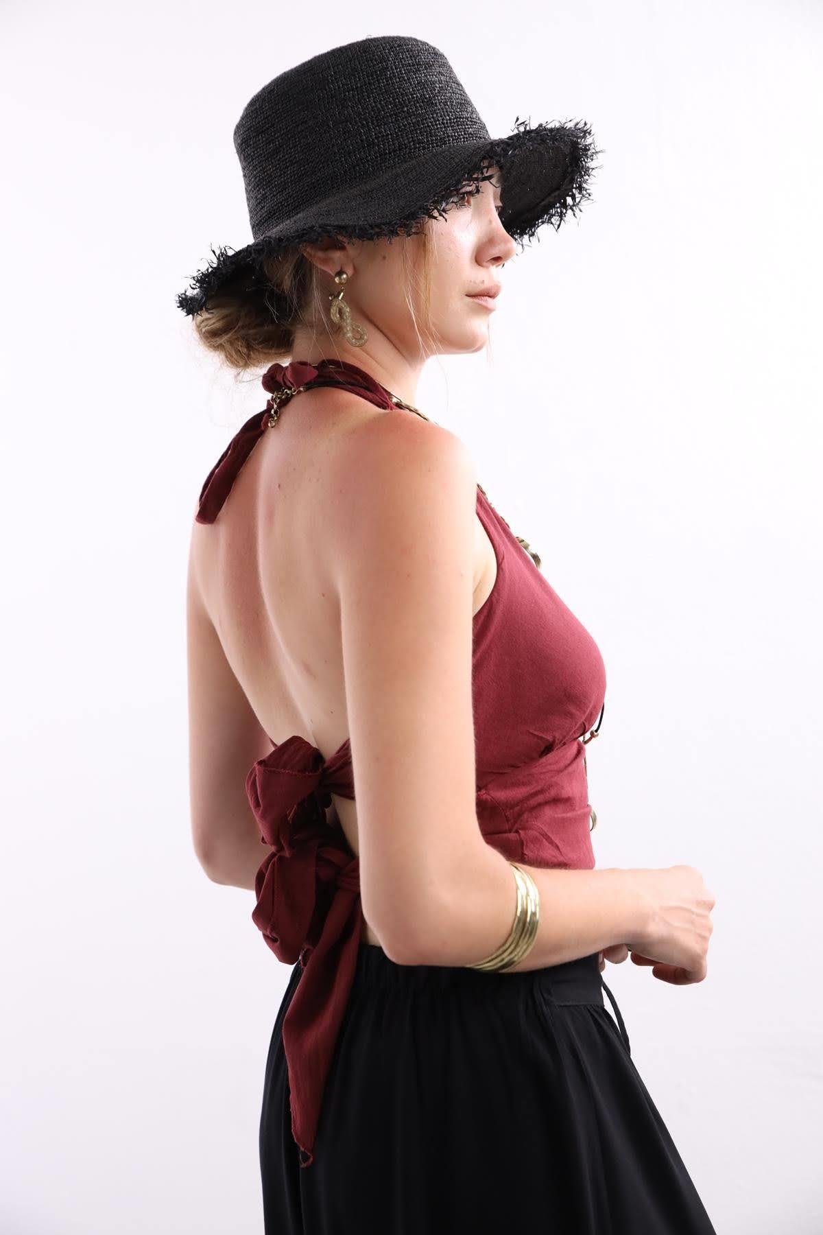 Burgundy Tie Back Blouse - Saman Butik | Boho Fashion Burgundy Tie Back Blouse