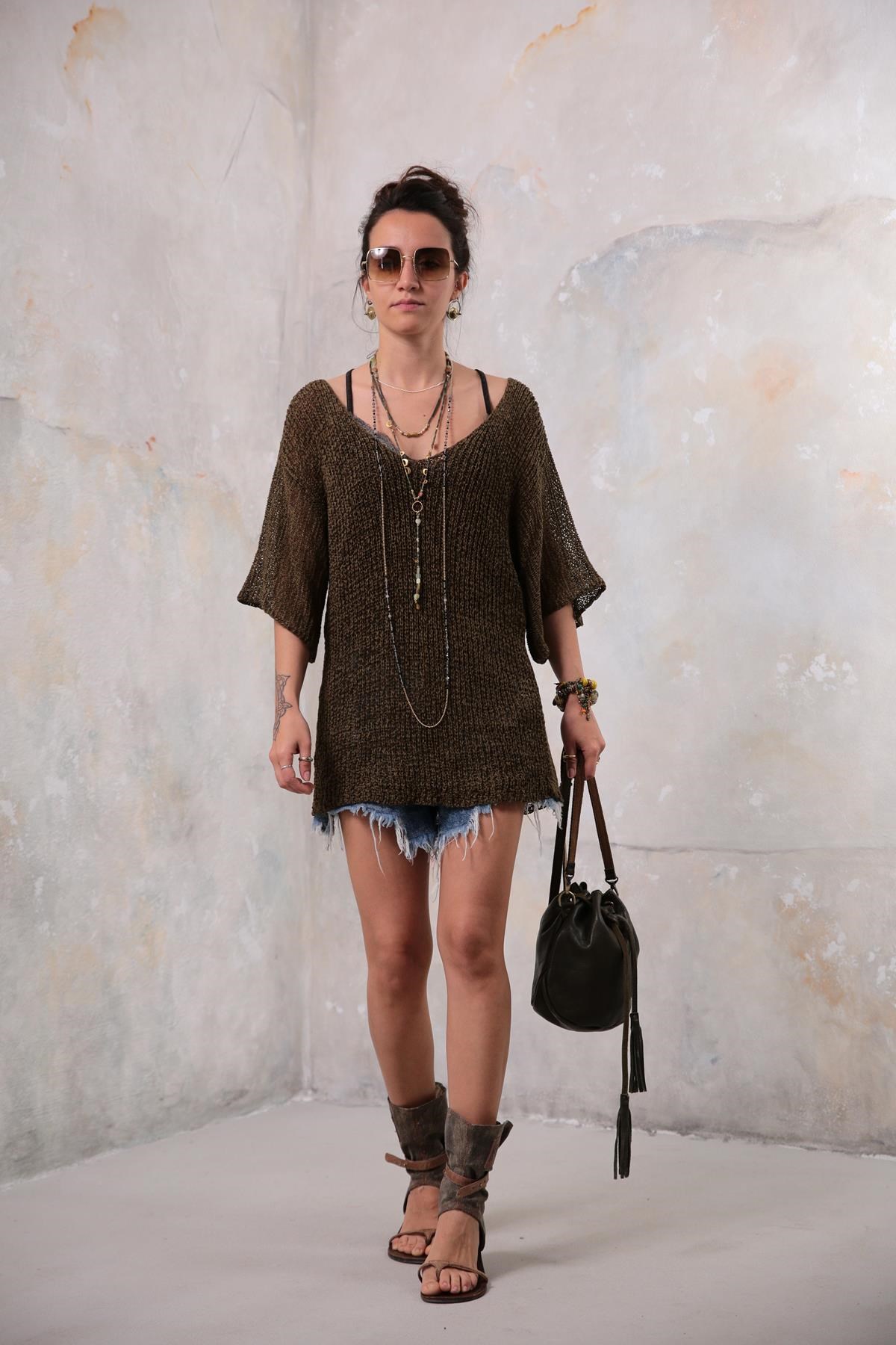 Saman Butik | Shop Online Khaki Orphan Sleeve Mercerized Blouse