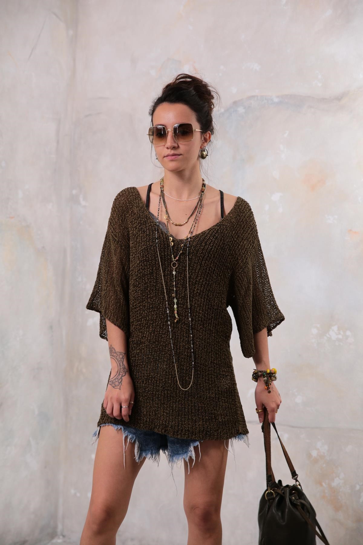 Saman Butik | Shop Online Khaki Orphan Sleeve Mercerized Blouse