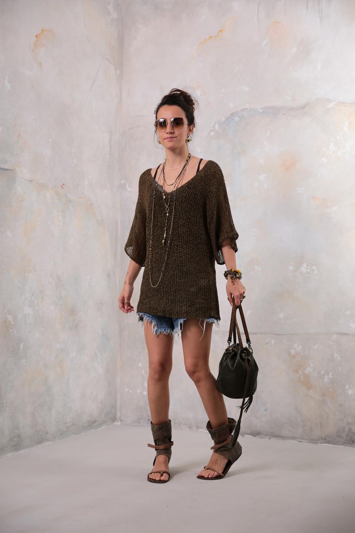 Saman Butik | Shop Online Khaki Orphan Sleeve Mercerized Blouse