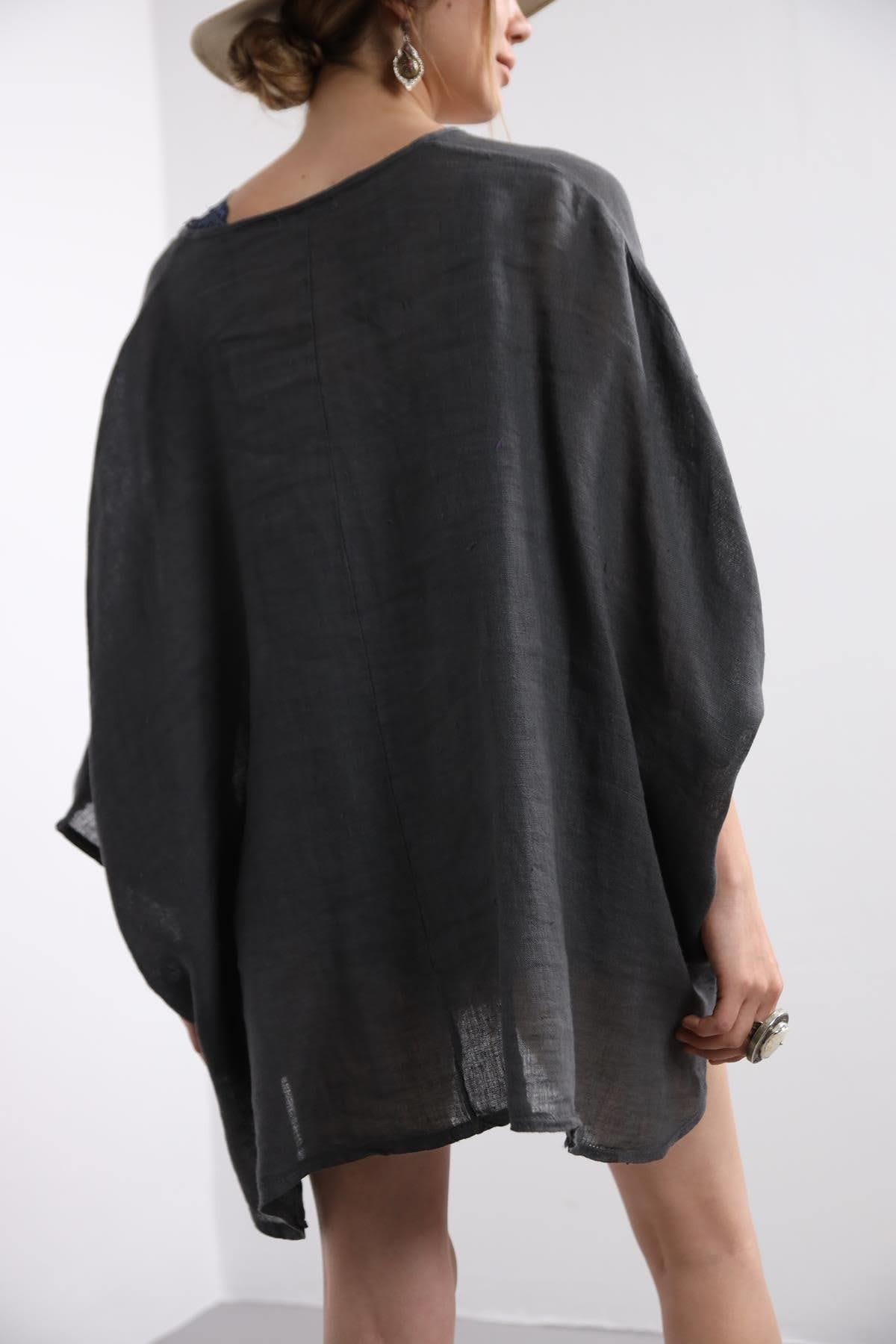 Dark Grey Single Button Linen Judith Blouse - Saman Butik | Shop Online Dark Grey Single Button Linen Judith Blouse
