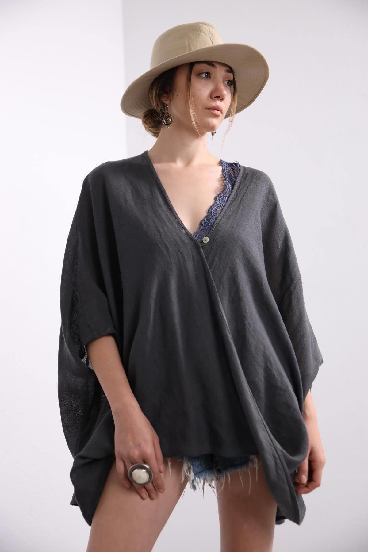 Dark Grey Single Button Linen Judith Blouse - Saman Butik | Shop Online Dark Grey Single Button Linen Judith Blouse