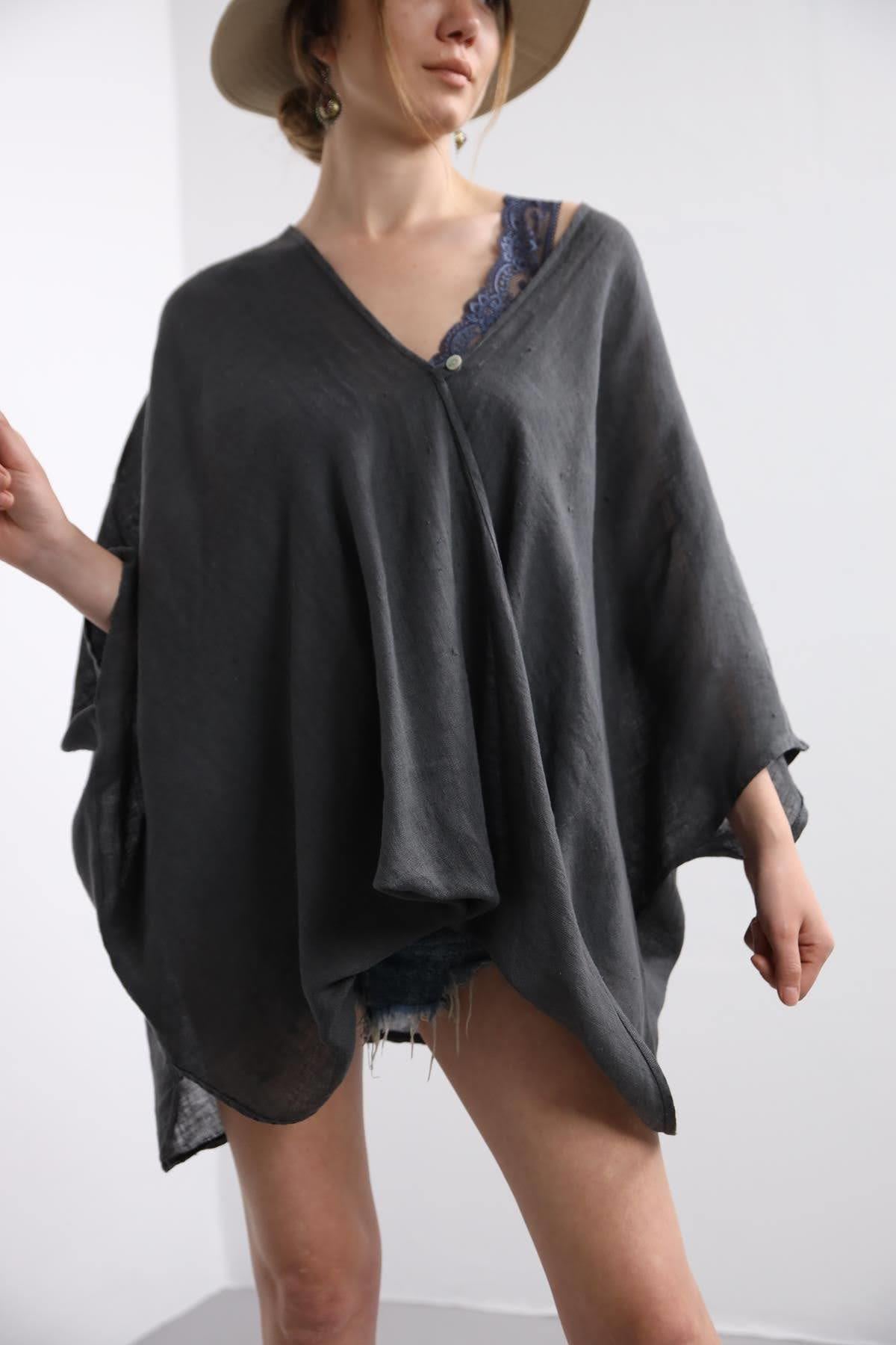 Dark Grey Single Button Linen Judith Blouse - Saman Butik | Shop Online Dark Grey Single Button Linen Judith Blouse