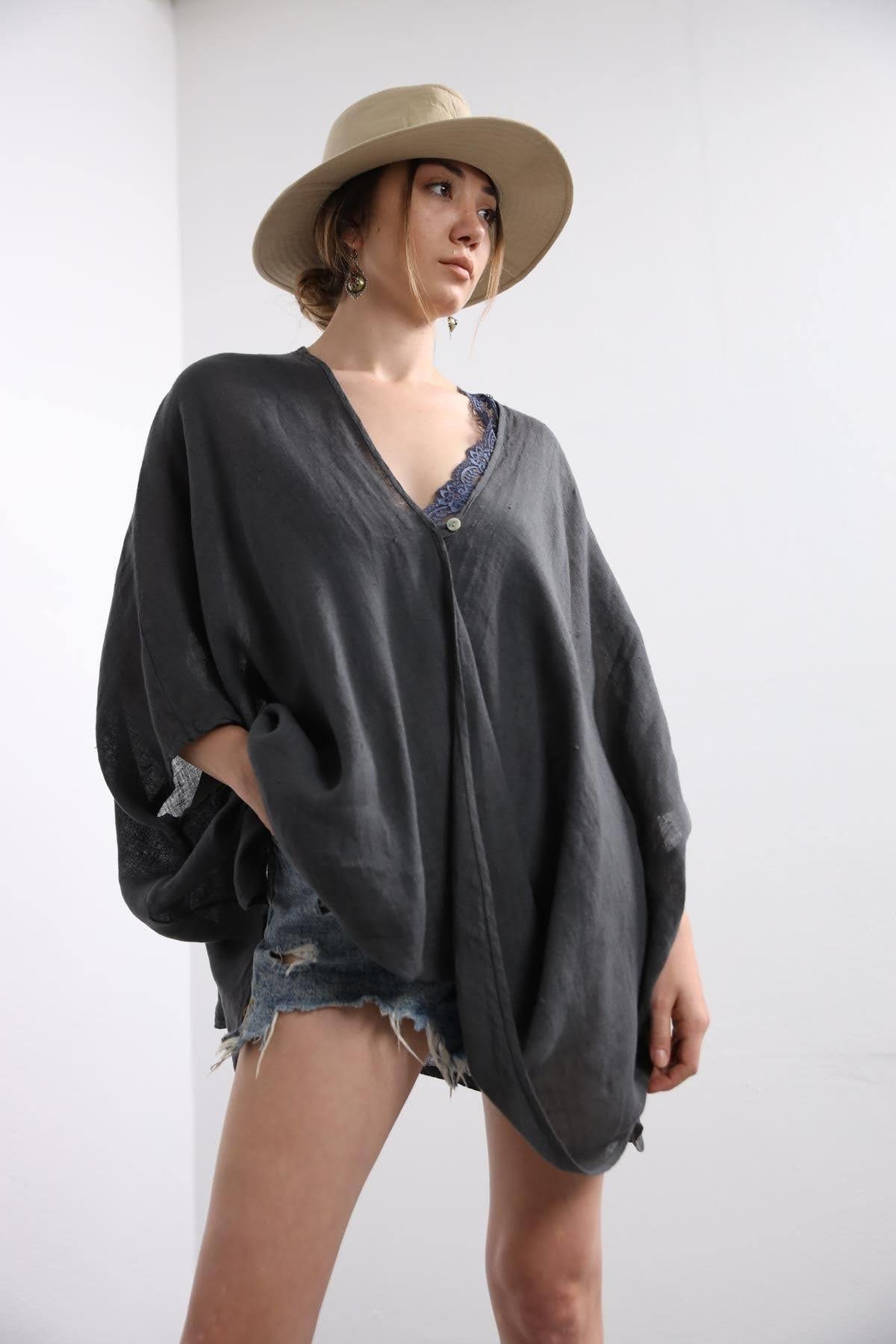 Dark Grey Single Button Linen Judith Blouse - Saman Butik | Shop Online Dark Grey Single Button Linen Judith Blouse