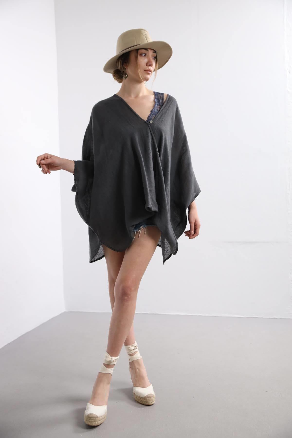 Dark Grey Single Button Linen Judith Blouse - Saman Butik | Shop Online Dark Grey Single Button Linen Judith Blouse