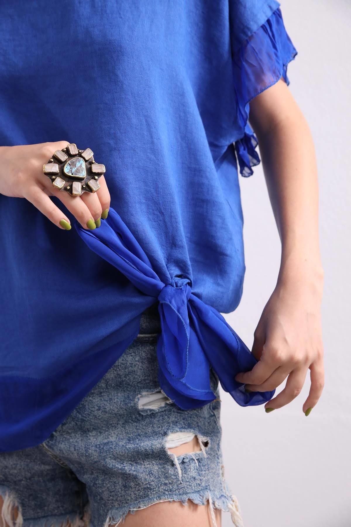 Saman Butik | Shop Online Dark Blue Tie Knot Ruffle Arm Linen Blouse