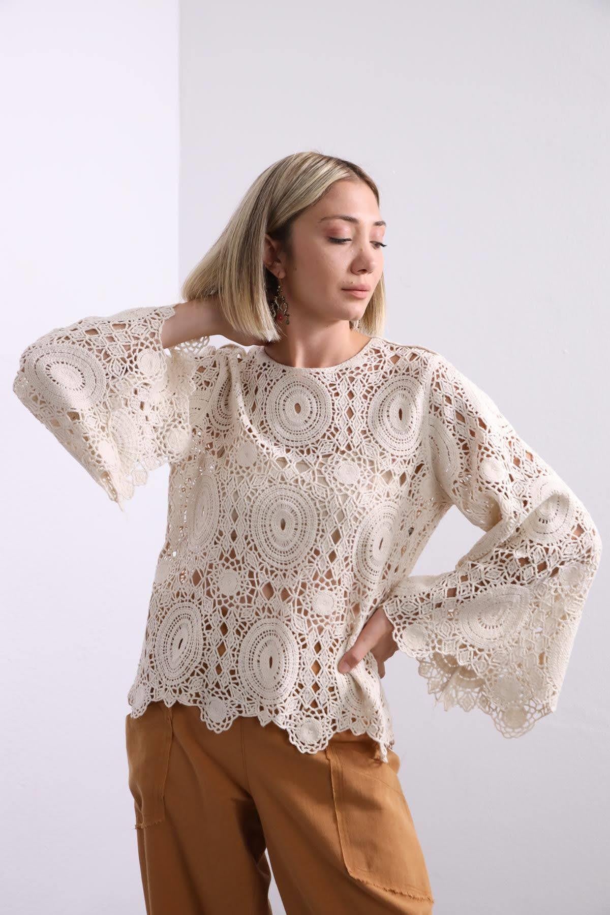 Saman Butik | Shop Online Cream Wide Sleeve Lace Knit Blouse