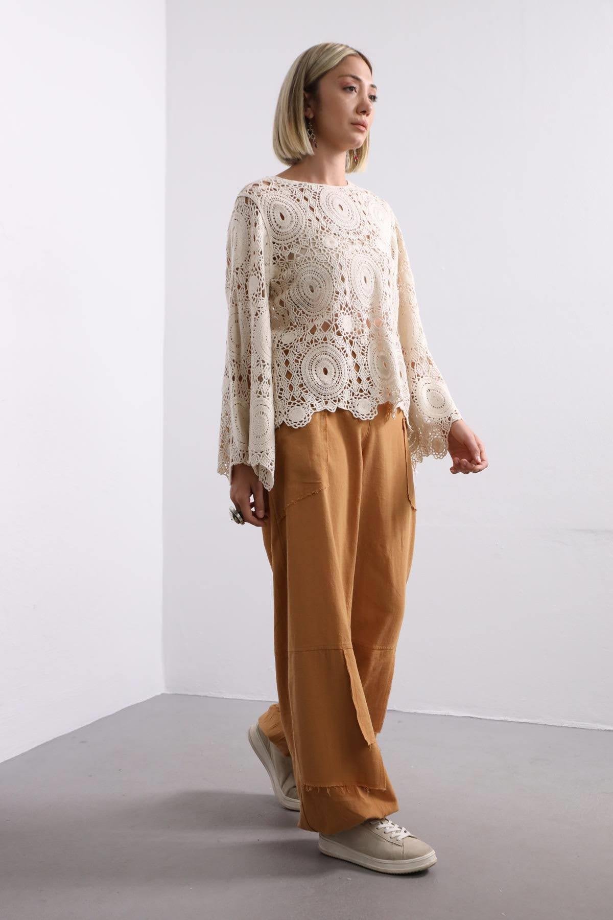 Saman Butik | Shop Online Cream Wide Sleeve Lace Knit Blouse