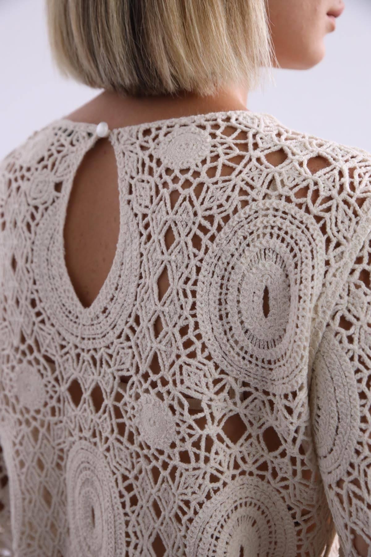 Saman Butik | Shop Online Cream Wide Sleeve Lace Knit Blouse