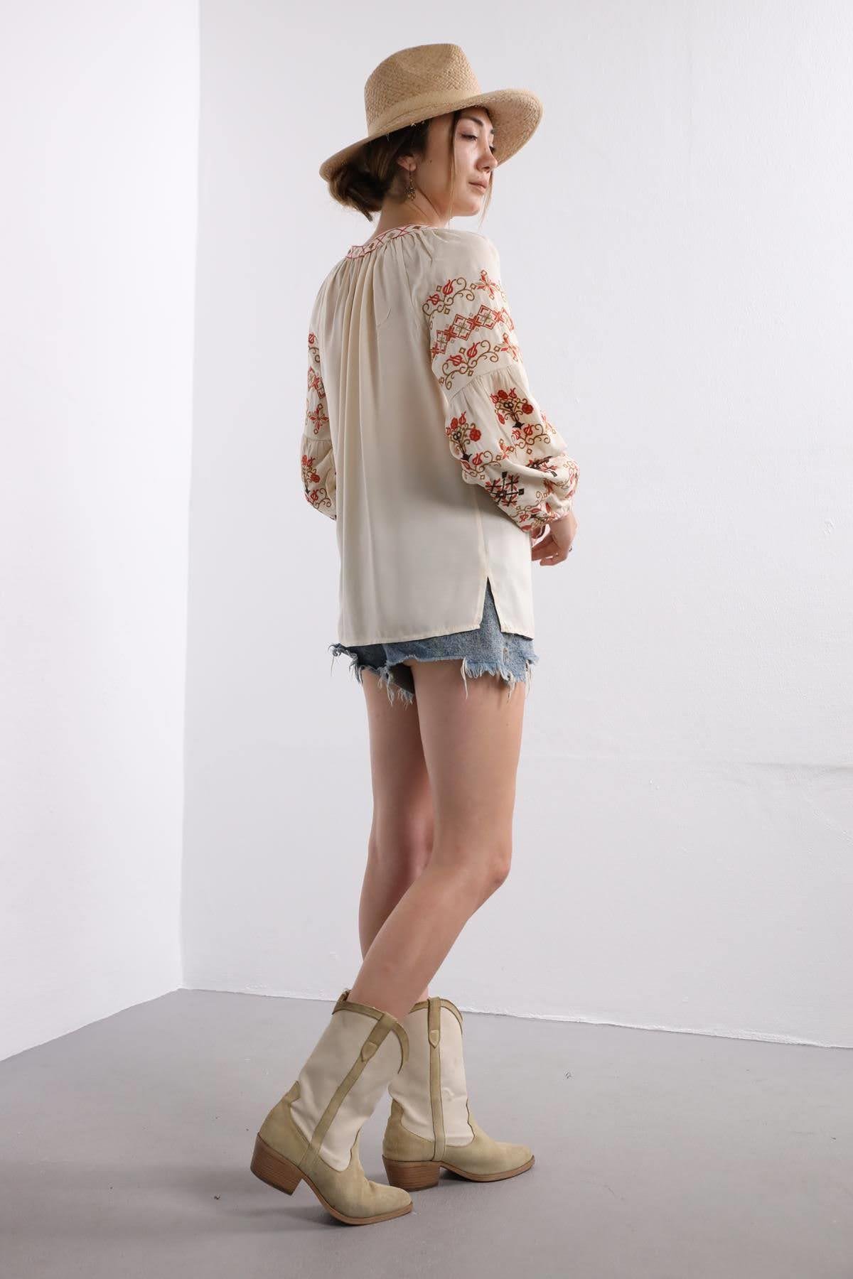 Saman Butik | Shop Online Creme Embroidered Lace Up Collar Blouse