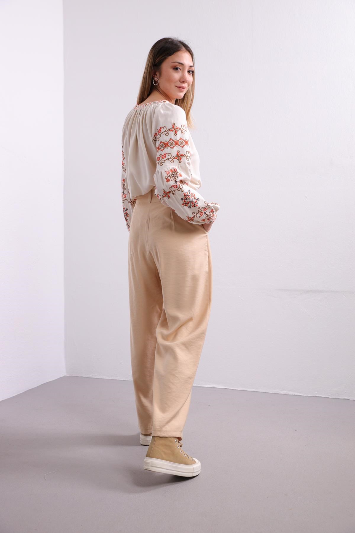 Saman Butik | Shop Online Creme Embroidered Lace Up Collar Blouse