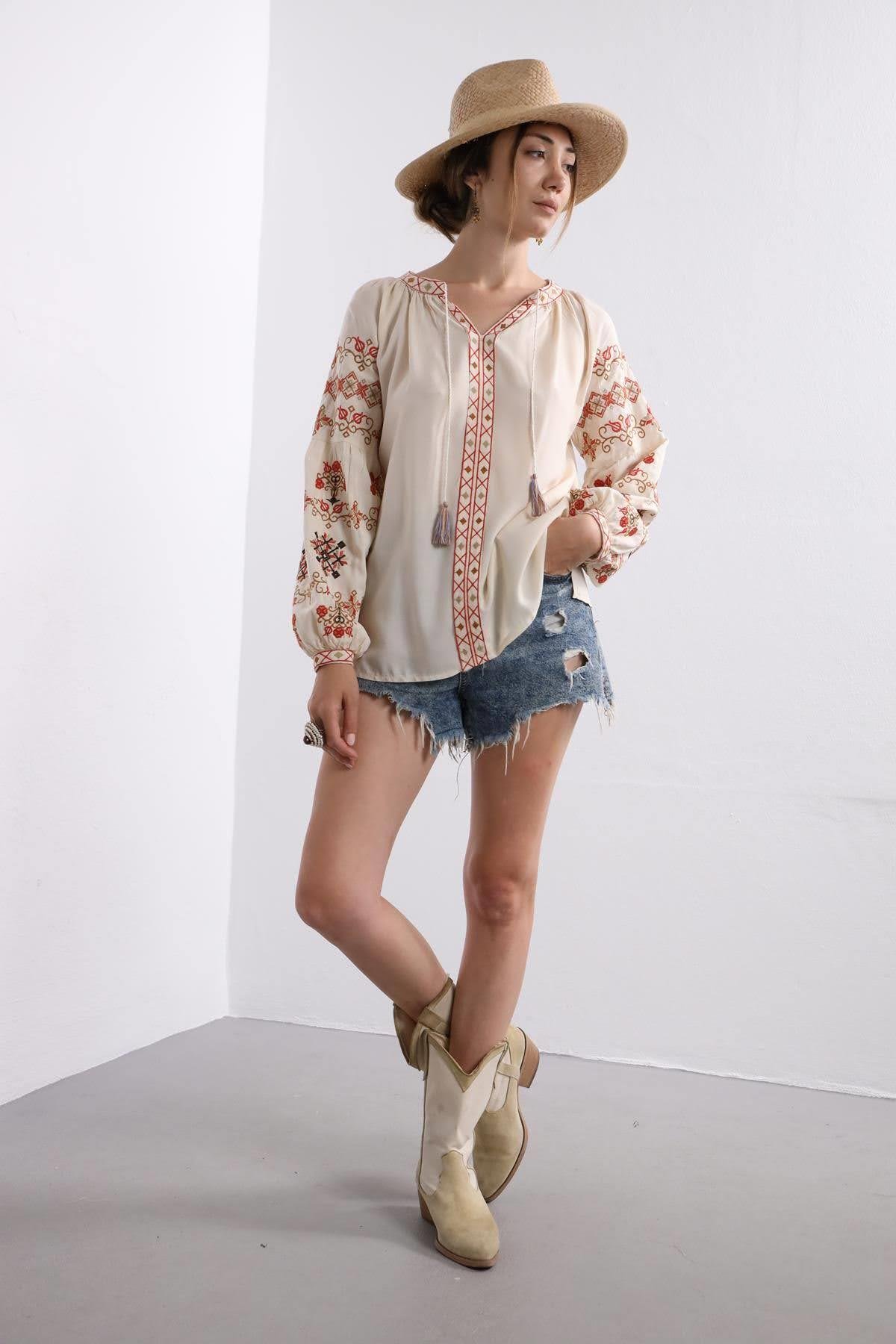 Saman Butik | Shop Online Creme Embroidered Lace Up Collar Blouse