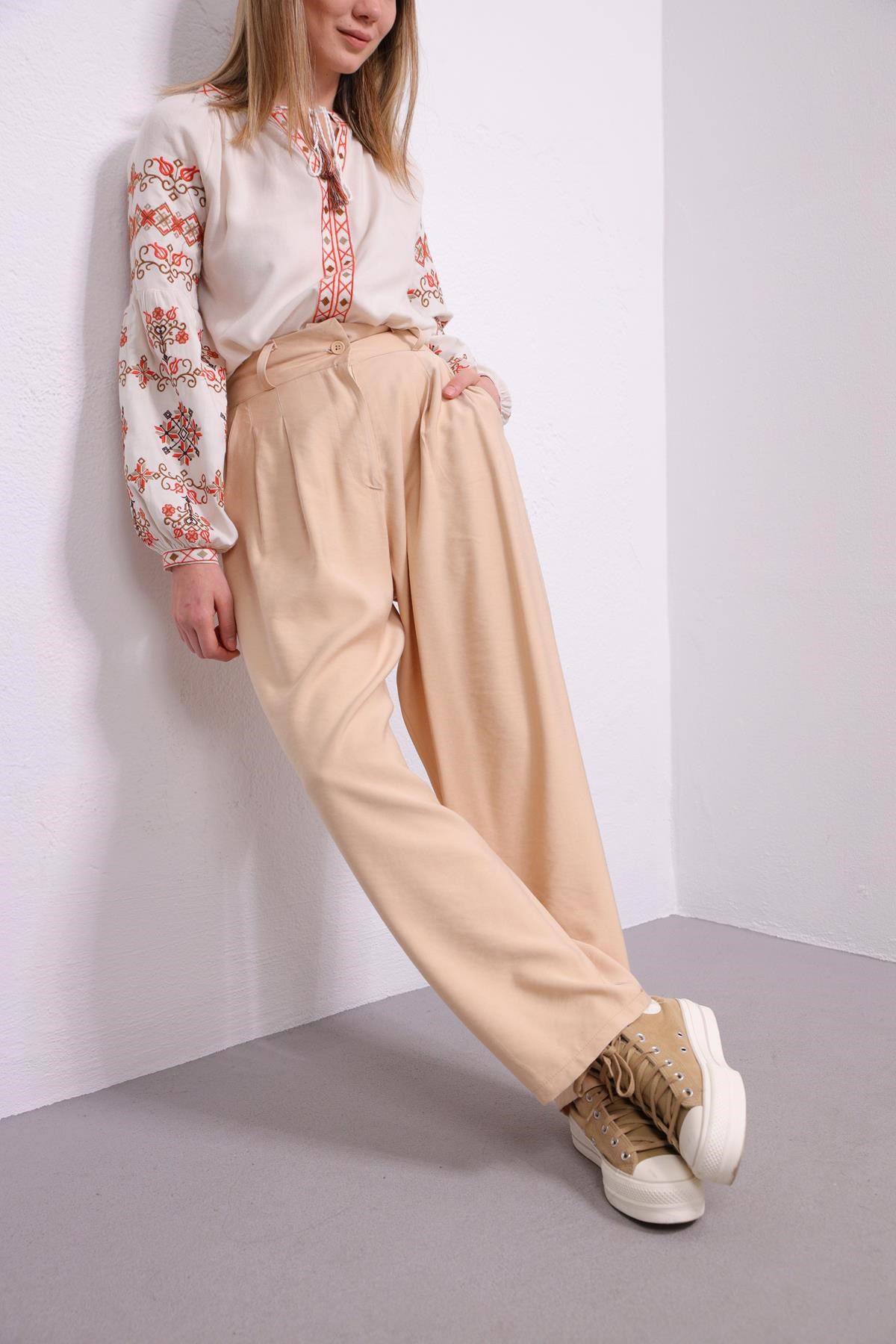 Saman Butik | Shop Online Creme Embroidered Lace Up Collar Blouse