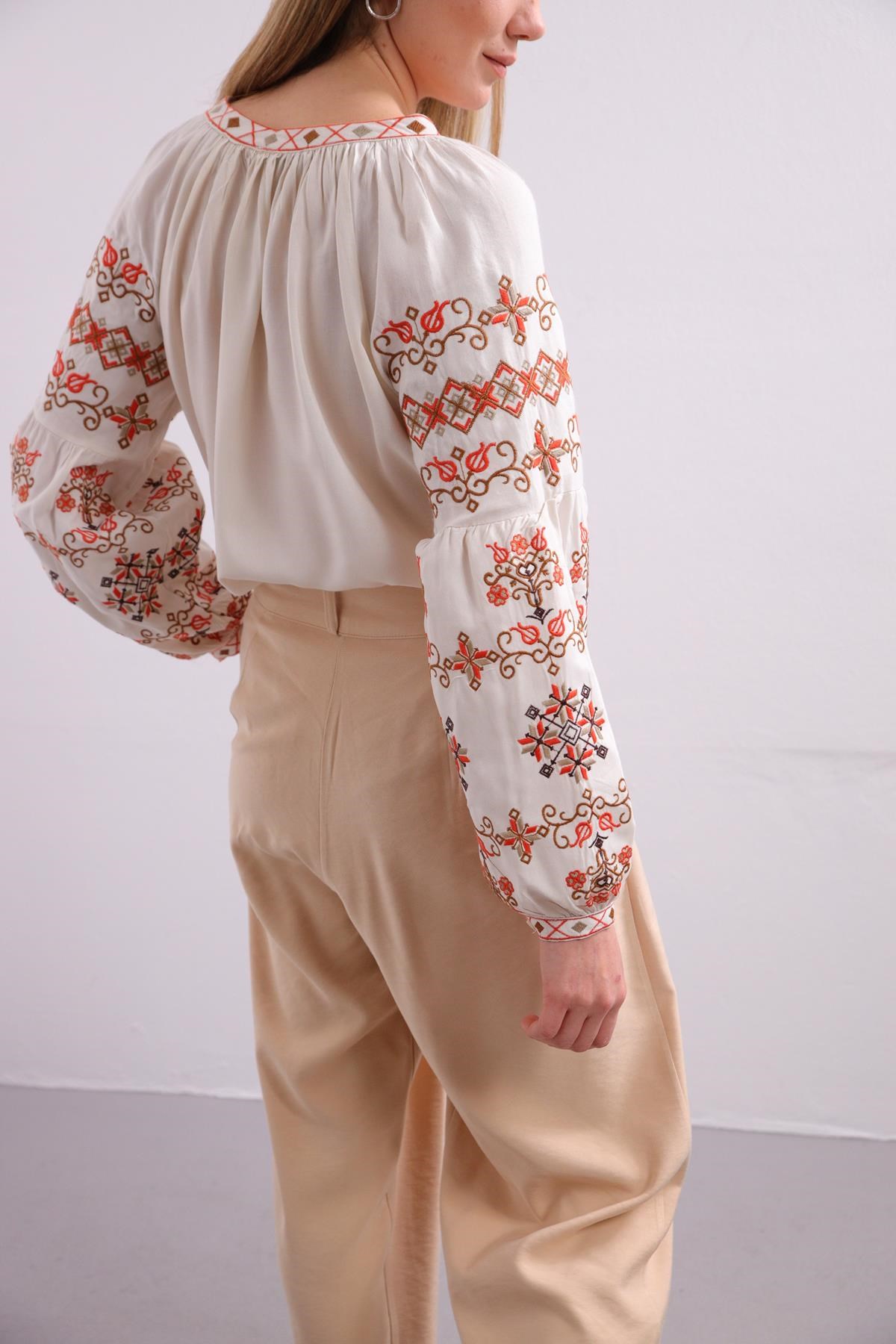 Saman Butik | Shop Online Creme Embroidered Lace Up Collar Blouse