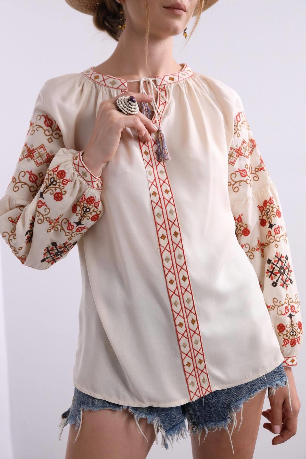 Saman Butik | Shop Online Creme Embroidered Lace Up Collar Blouse