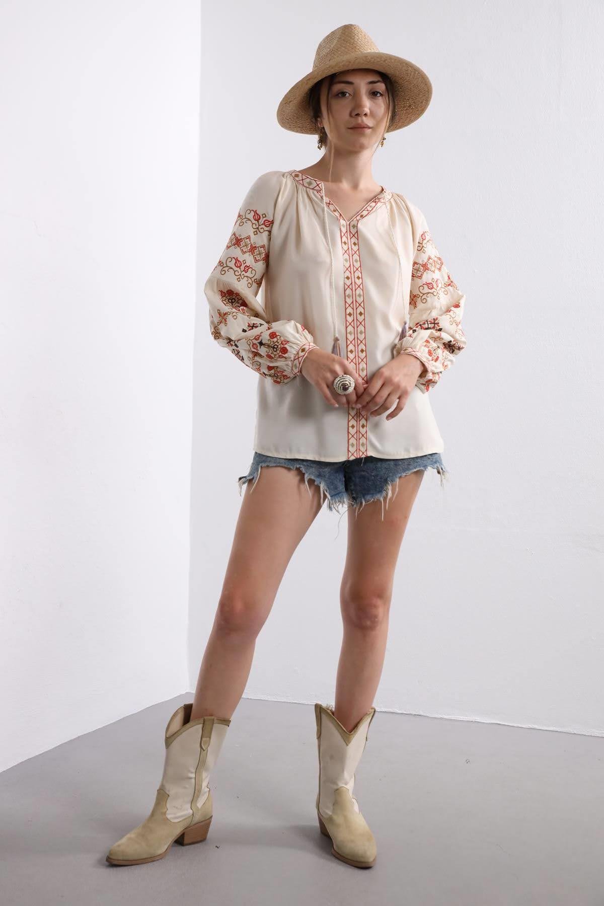 Saman Butik | Shop Online Creme Embroidered Lace Up Collar Blouse