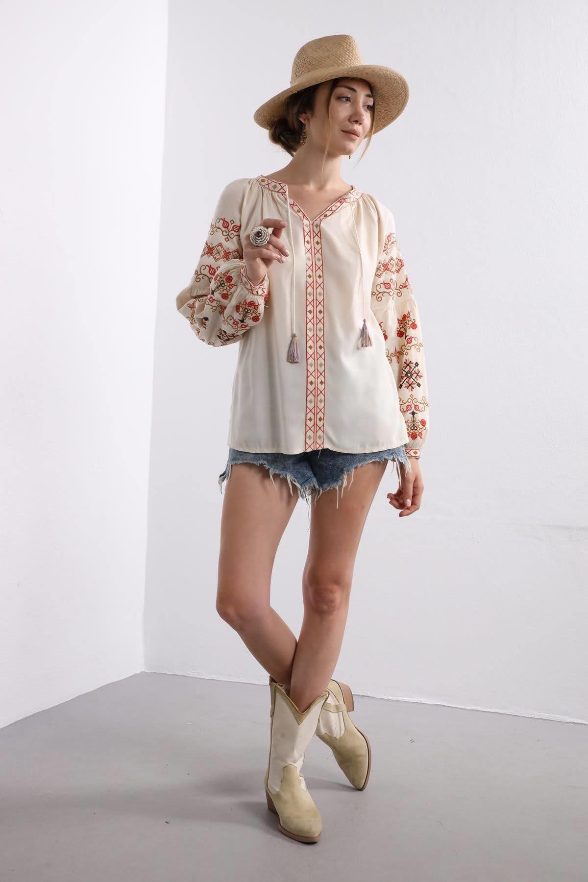 Saman Butik | Shop Online Creme Embroidered Lace Up Collar Blouse