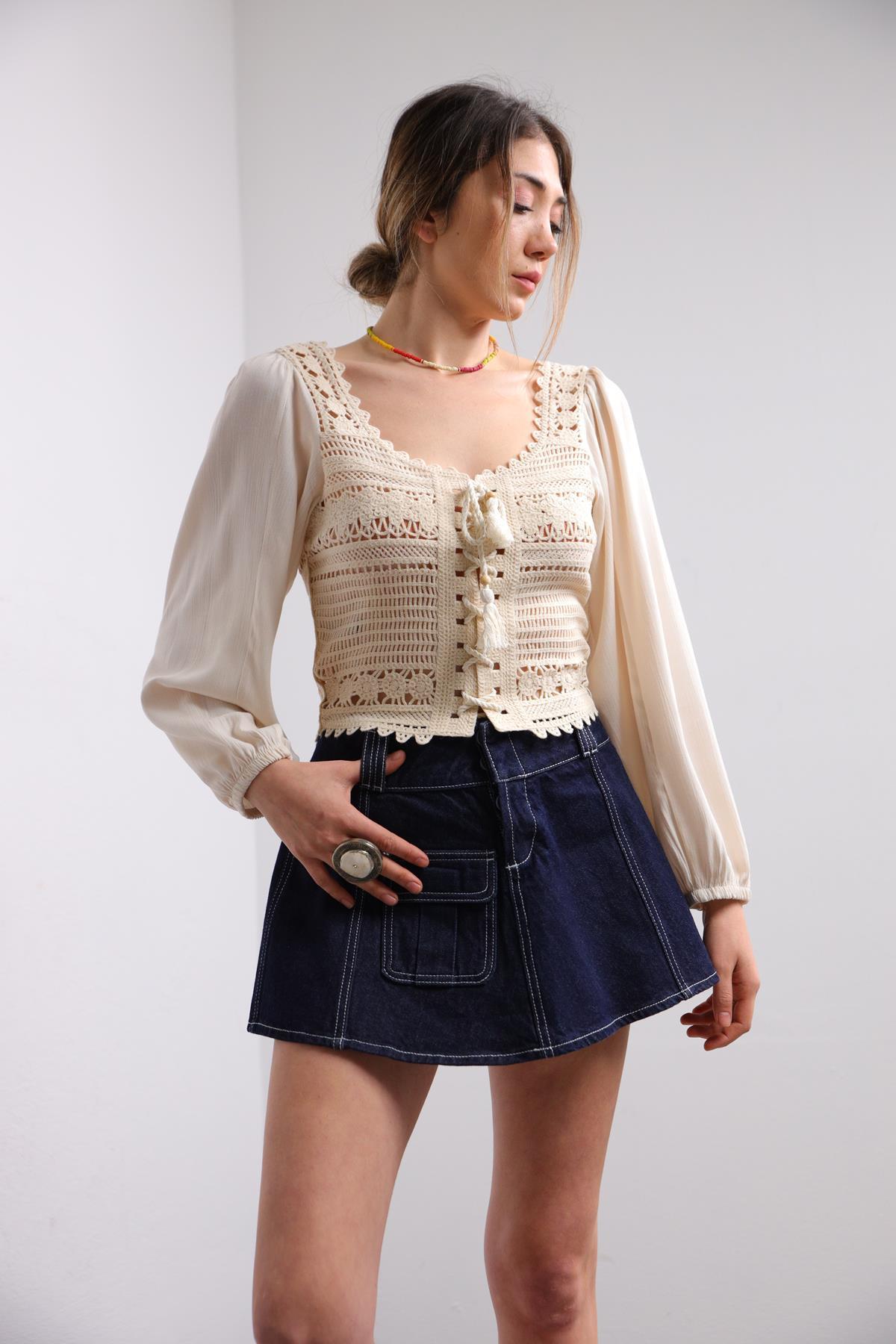 Saman Butik | Shop Online Cream Tie Detail Knitted Blouse
