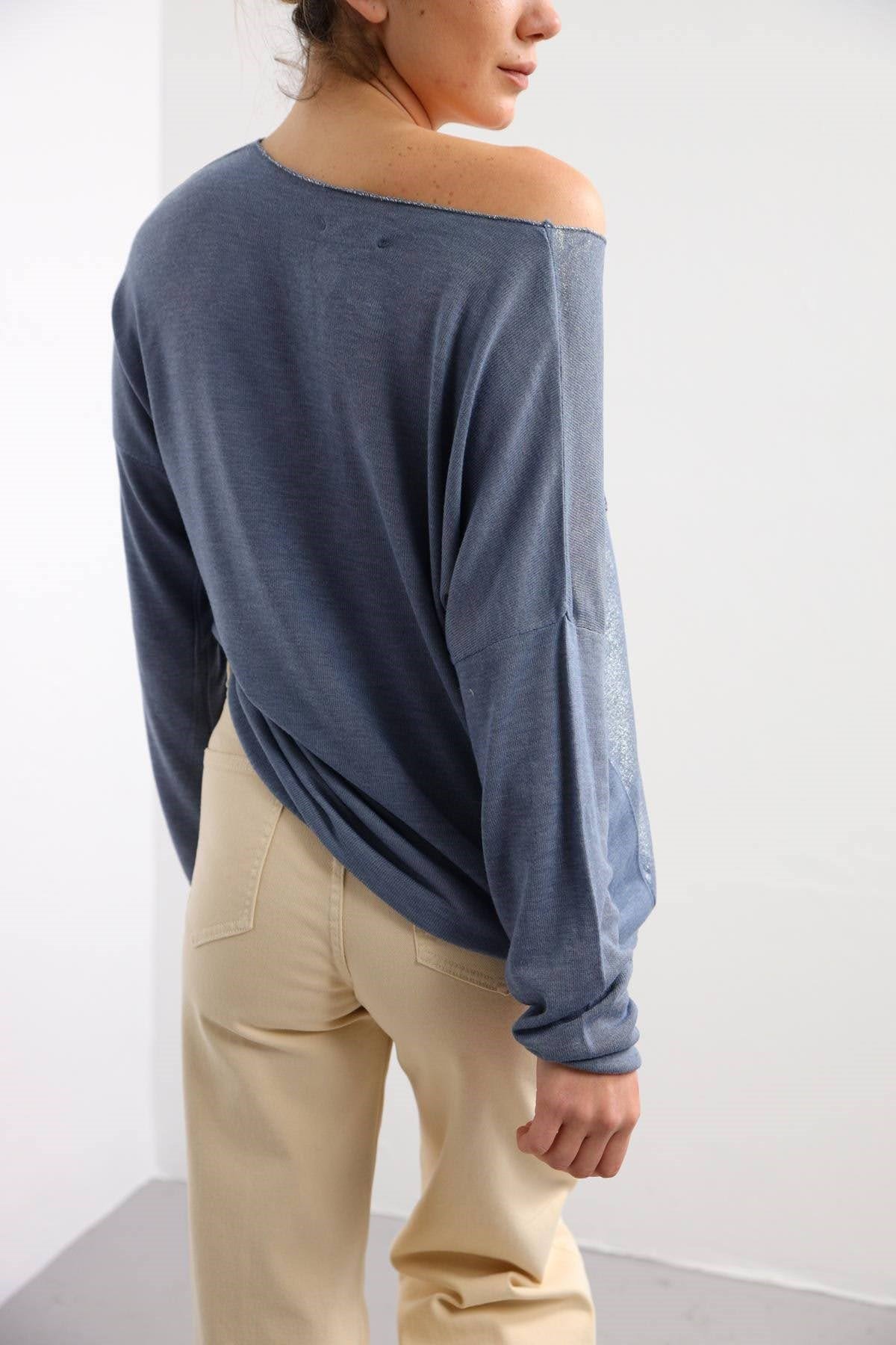 Blue Star Print Shiny Blouse - Şaman Butik | Shop Online Blue Star Print Shiny Blouse