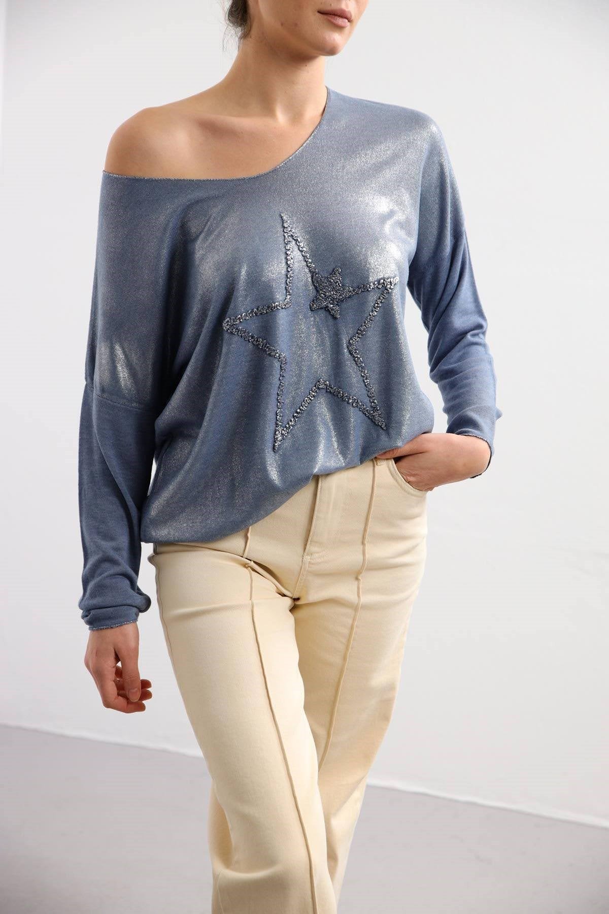 Blue Star Print Shiny Blouse - Şaman Butik | Shop Online Blue Star Print Shiny Blouse