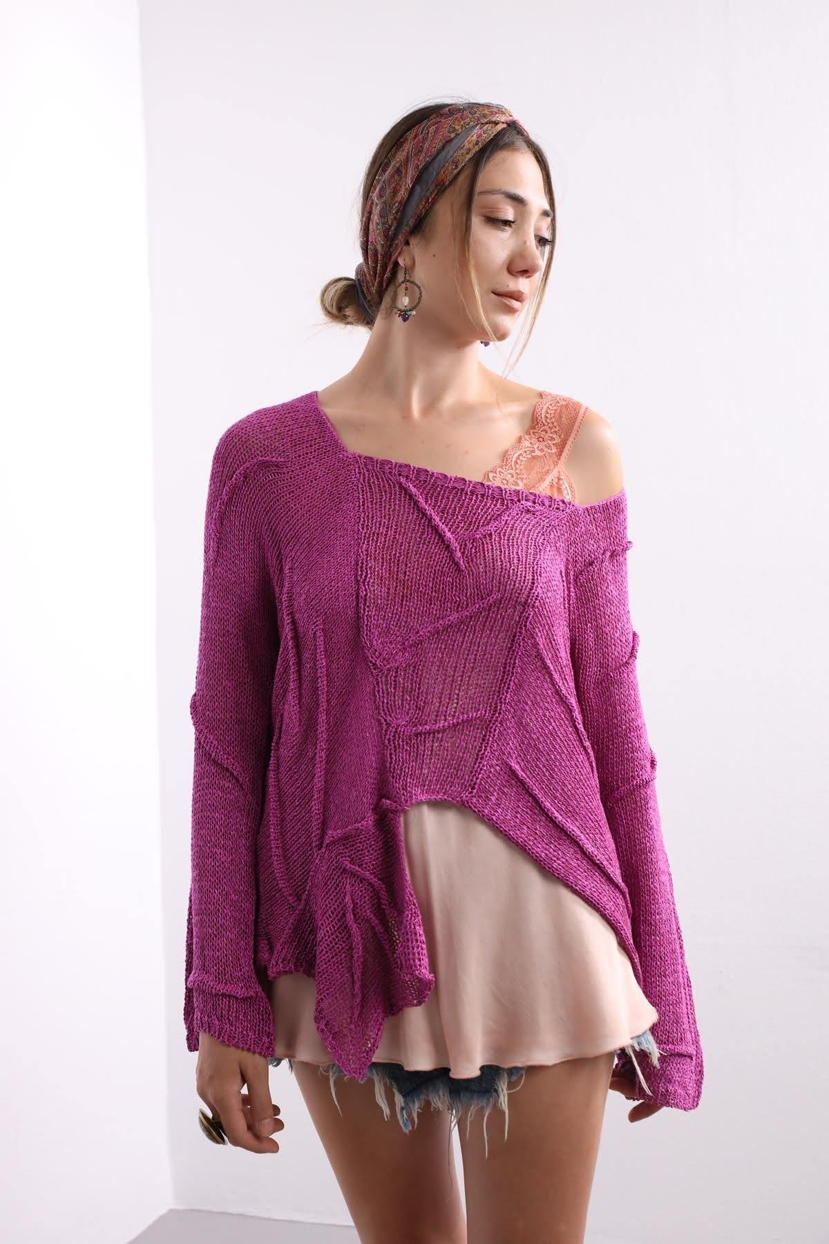 Saman Butik | Shop Online Purple Square Collar Stitch Detail Mercerized Blouse