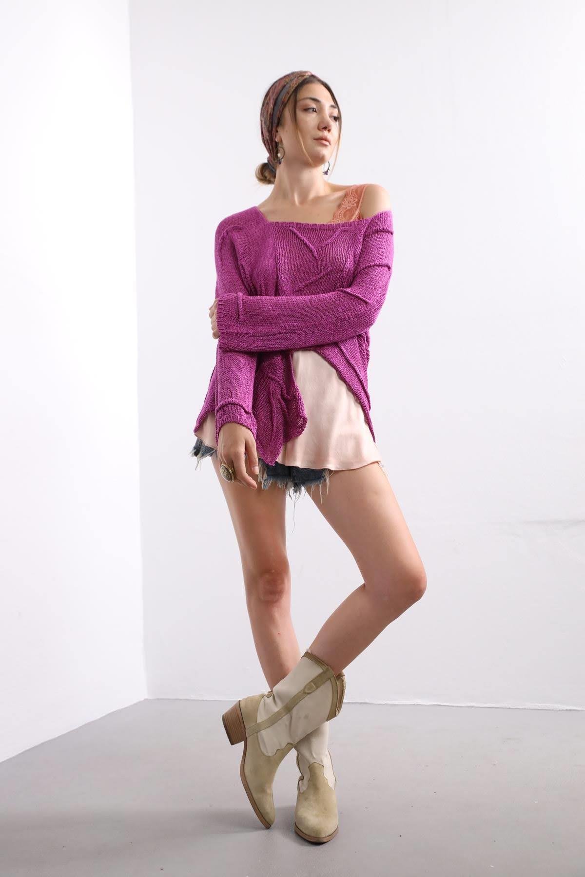 Saman Butik | Shop Online Purple Square Collar Stitch Detail Mercerized Blouse