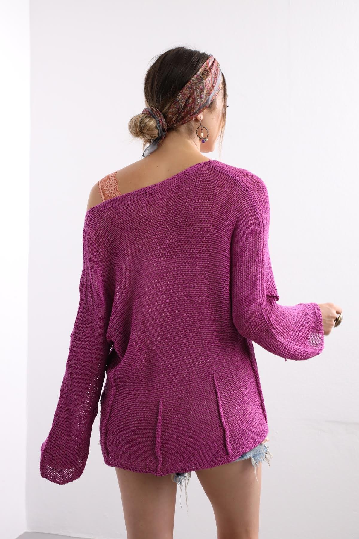 Saman Butik | Shop Online Purple Square Collar Stitch Detail Mercerized Blouse