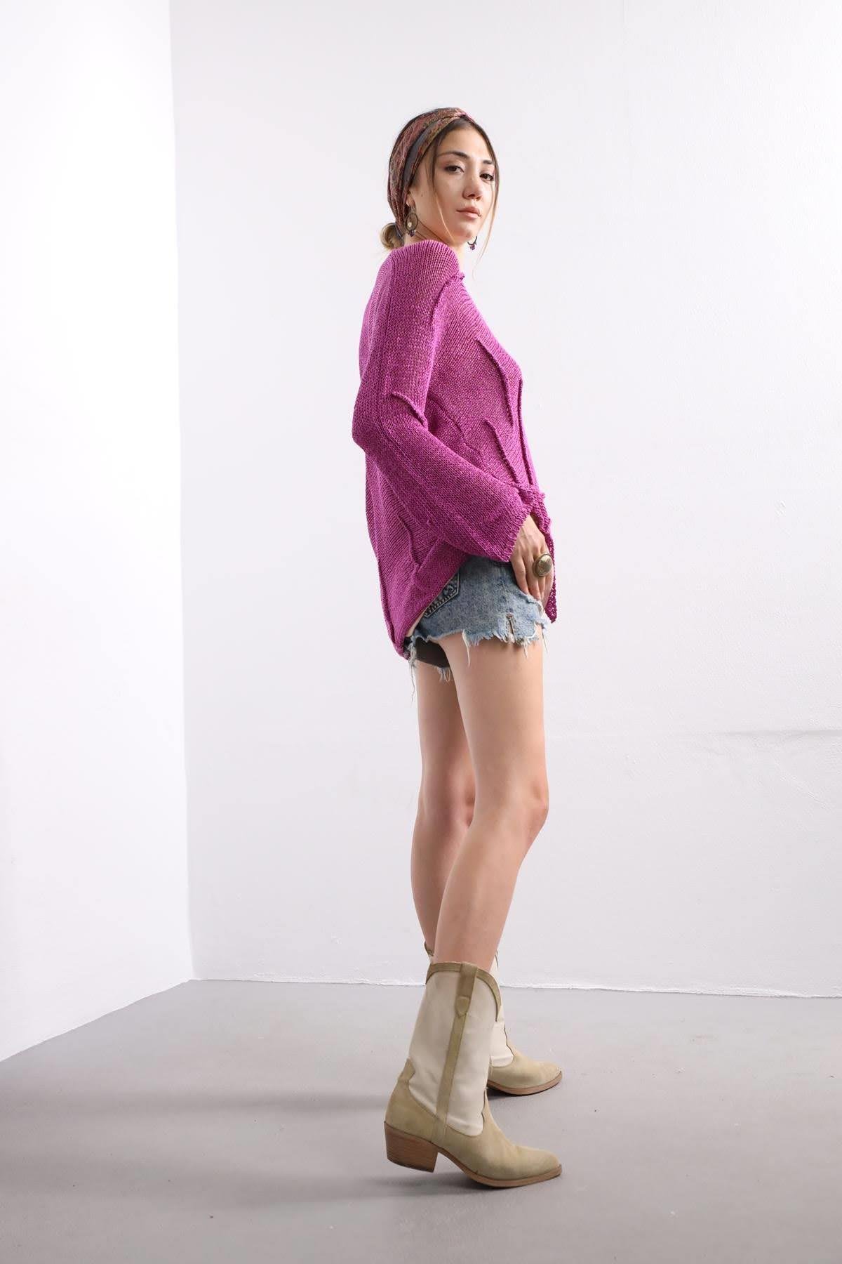 Saman Butik | Shop Online Purple Square Collar Stitch Detail Mercerized Blouse