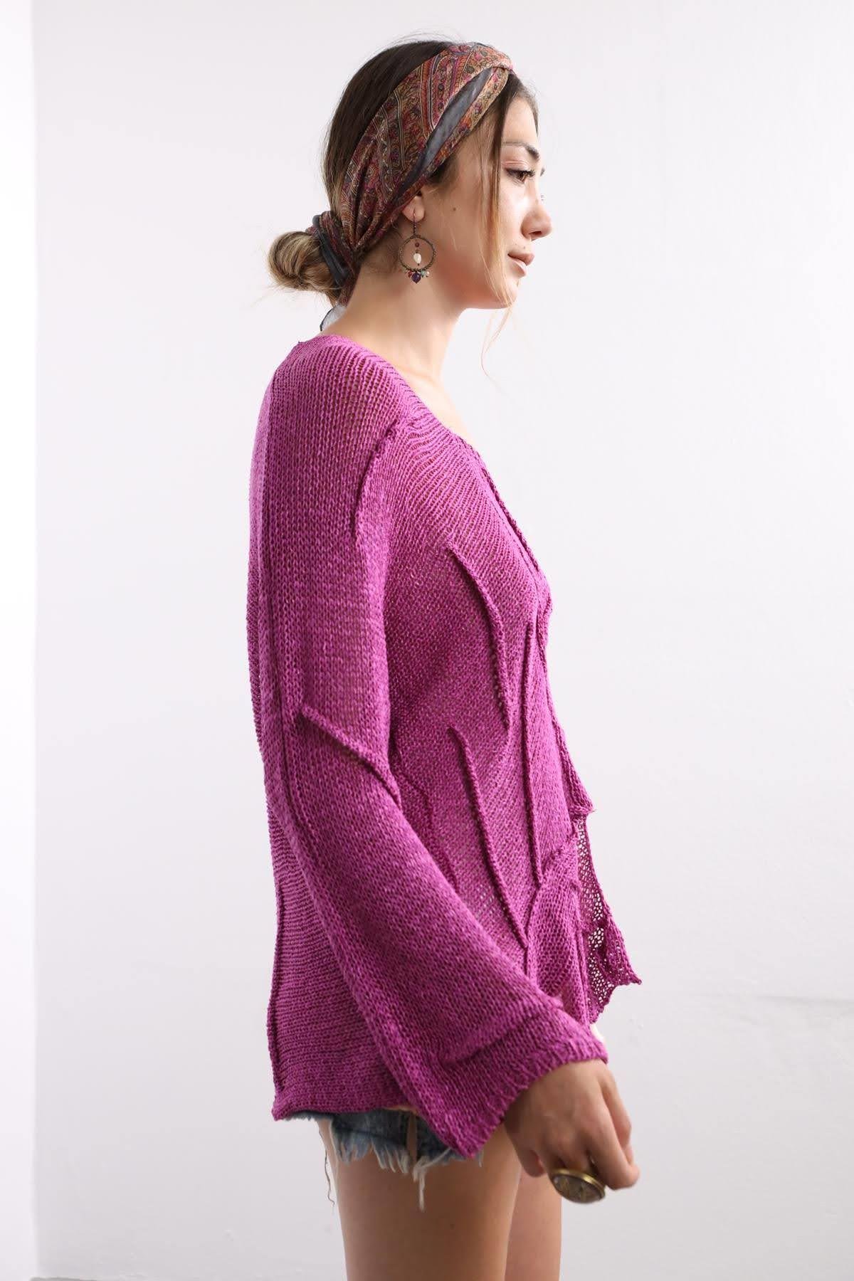 Saman Butik | Shop Online Purple Square Collar Stitch Detail Mercerized Blouse