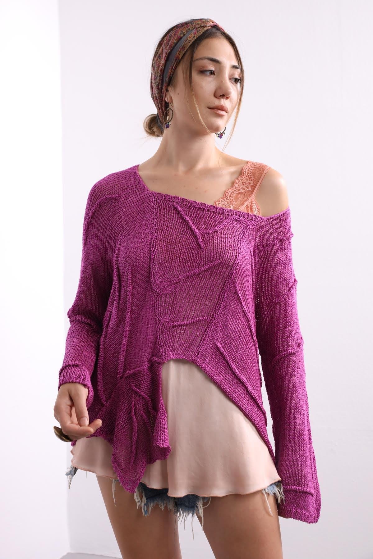 Saman Butik | Shop Online Purple Square Collar Stitch Detail Mercerized Blouse