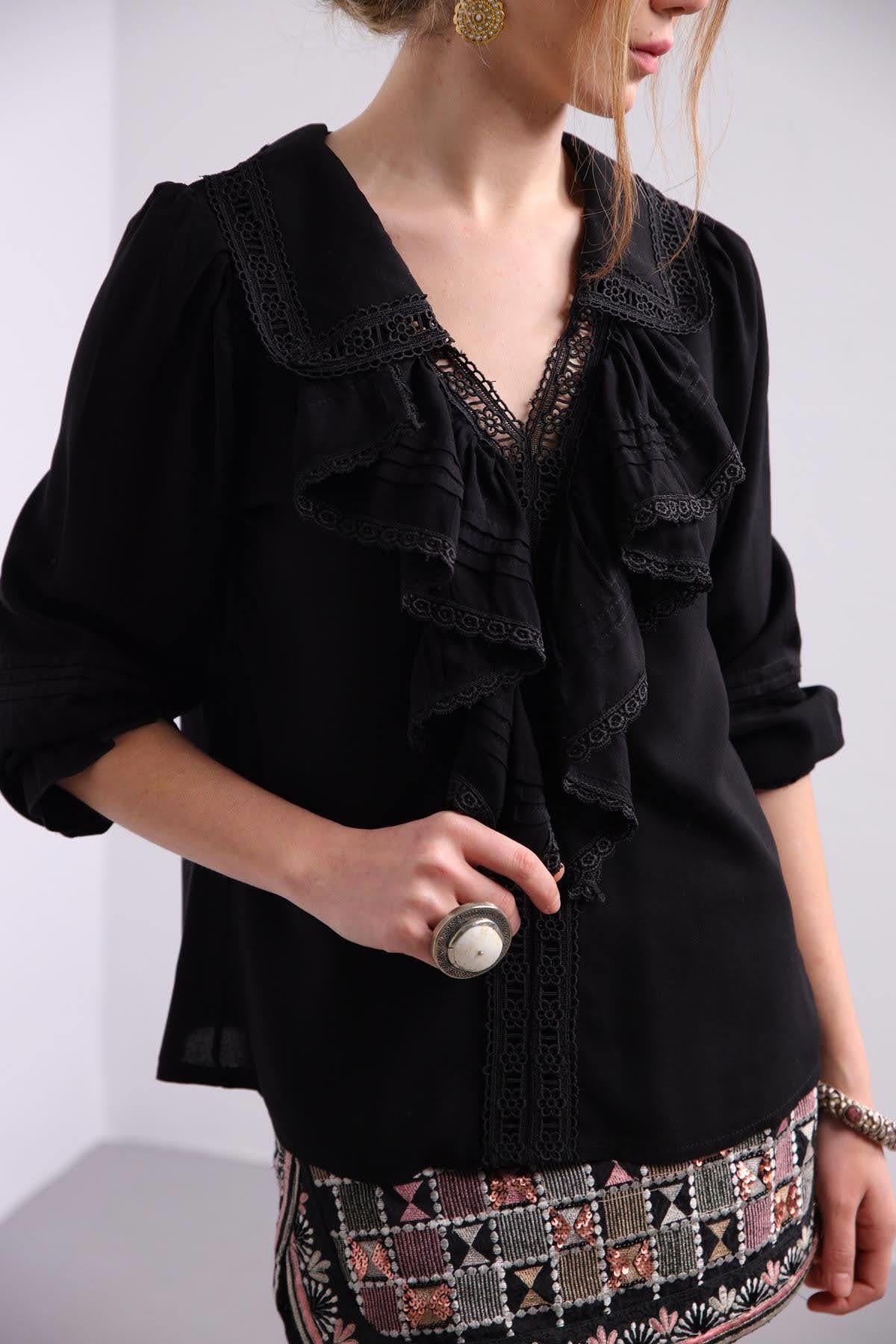 Saman Butik | Shop Online Black Lace Detailed Ruffle Trim Blouse