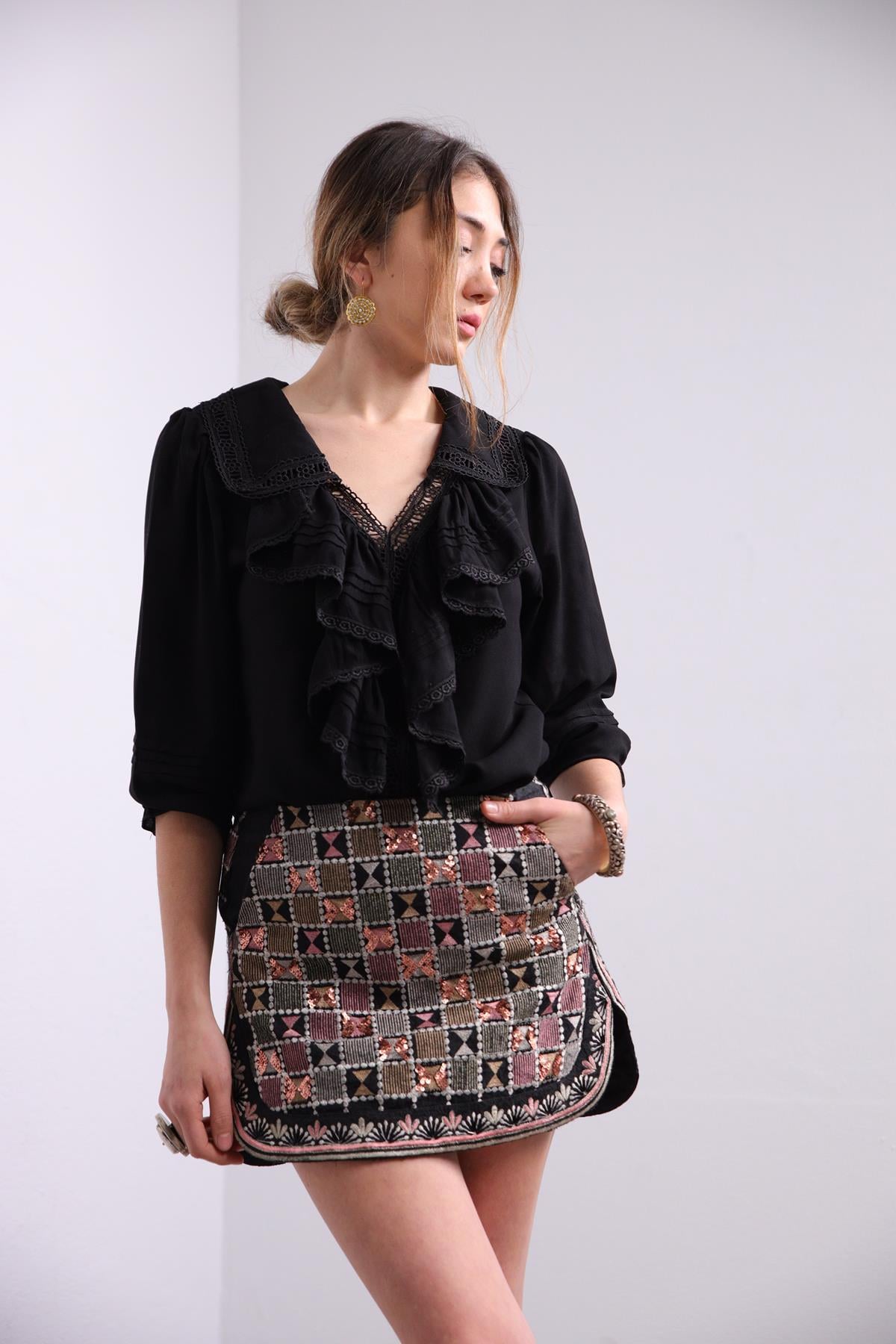 Saman Butik | Shop Online Black Lace Detailed Ruffle Trim Blouse