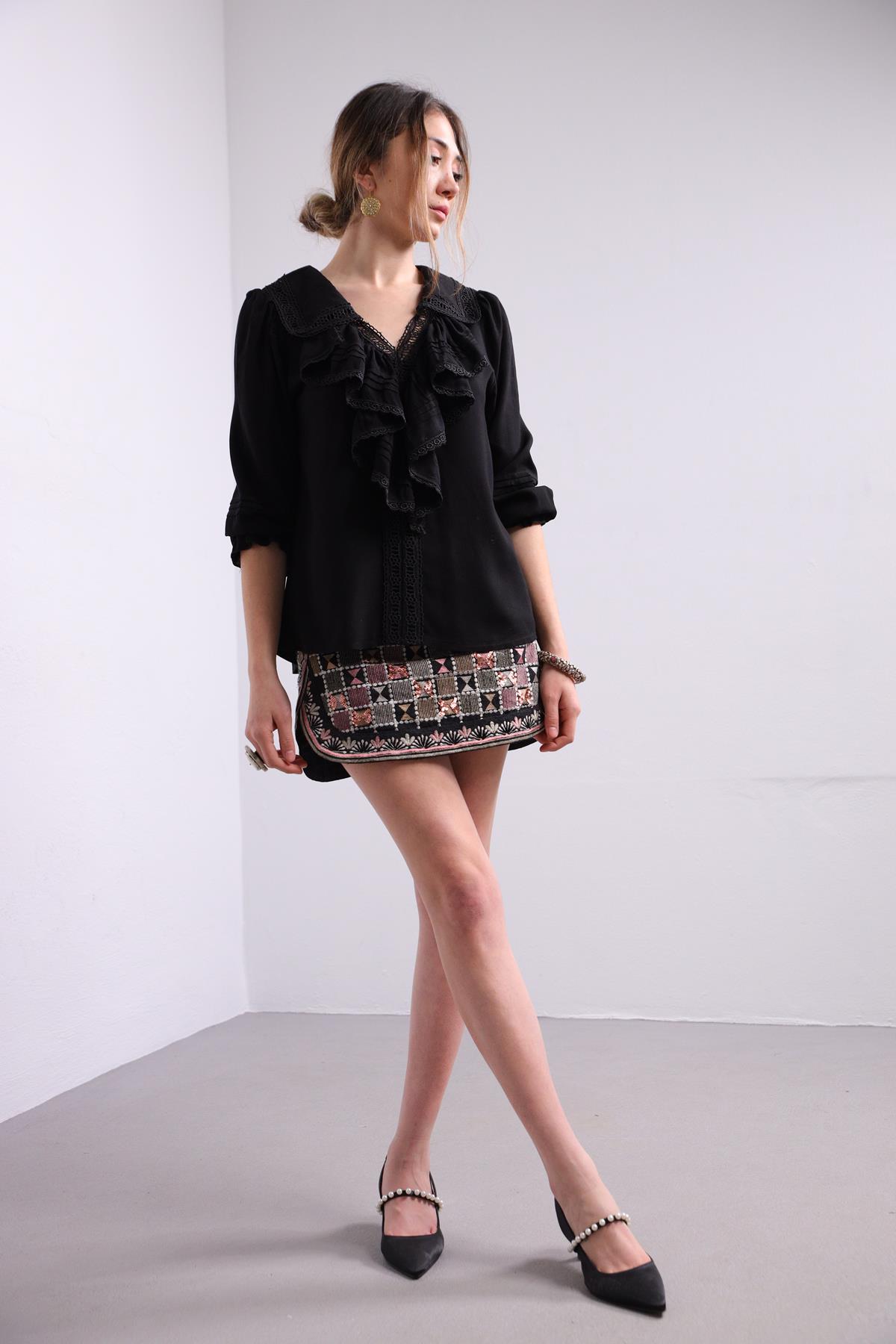 Saman Butik | Shop Online Black Lace Detailed Ruffle Trim Blouse