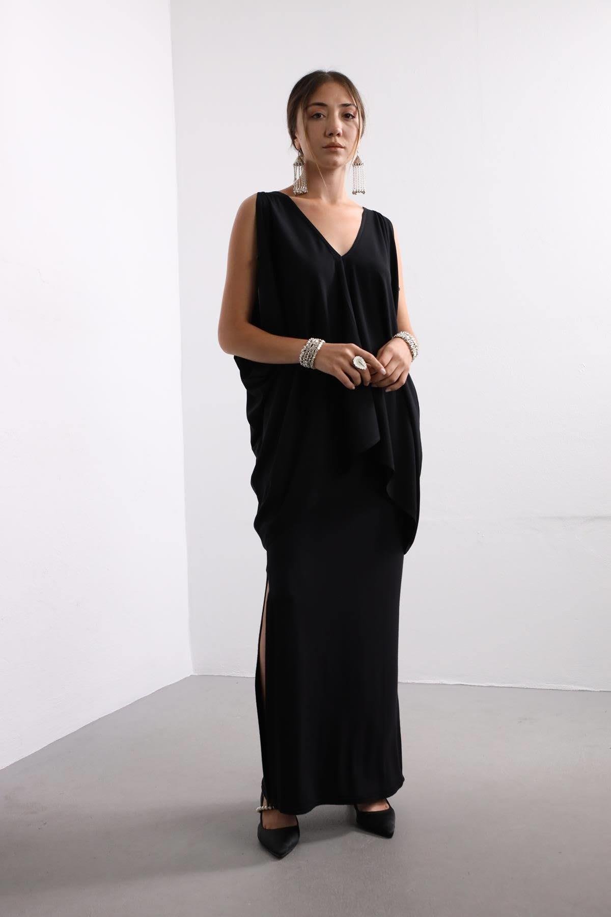 Black Boat Neck Open Shoulder Loose Blouse - Saman Butik | Boho Fashion Black Boat Neck Open Shoulder Loose Blouse