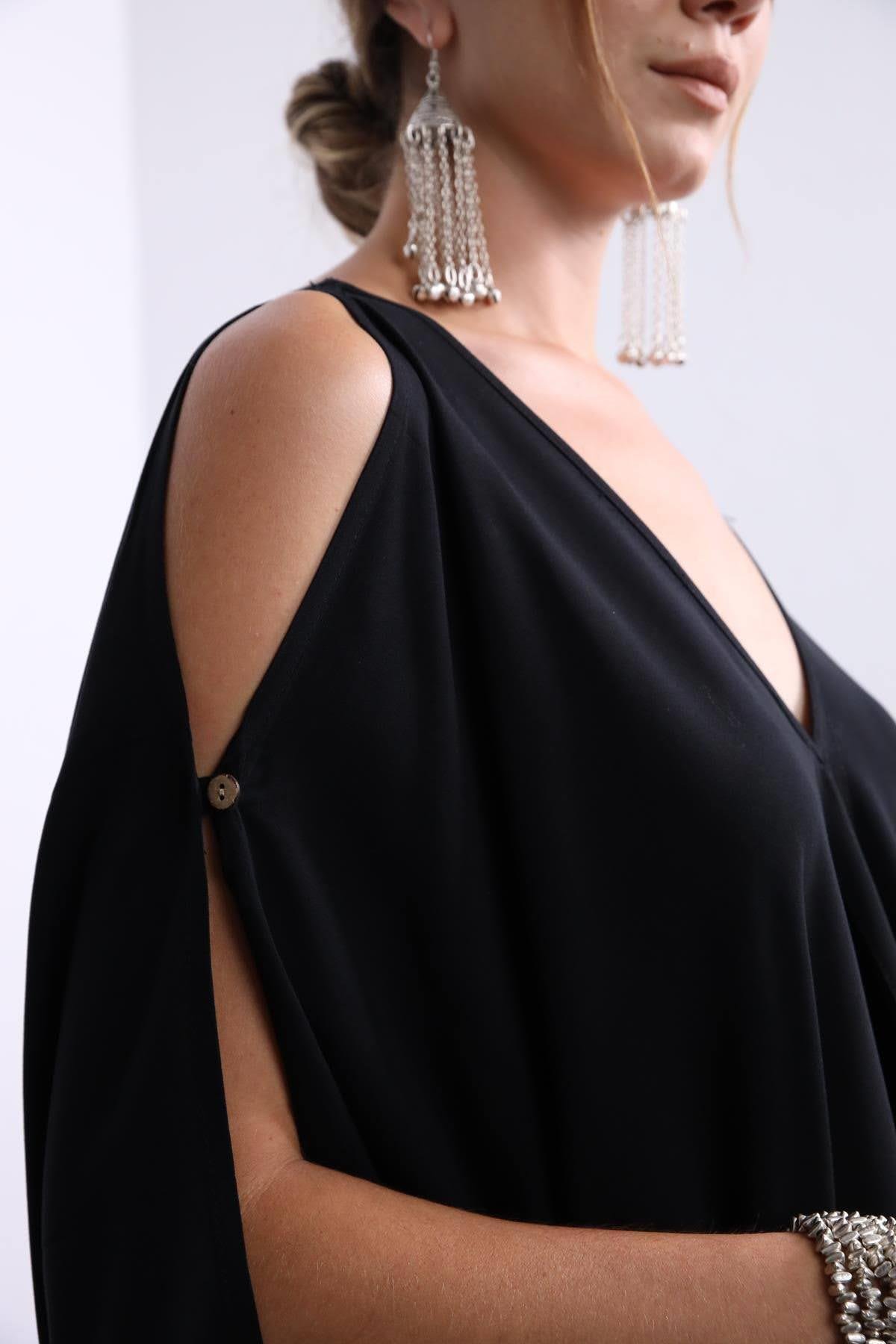 Black Boat Neck Open Shoulder Loose Blouse - Saman Butik | Boho Fashion Black Boat Neck Open Shoulder Loose Blouse