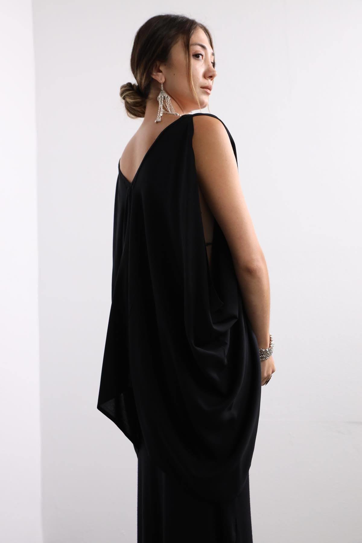 Black Boat Neck Open Shoulder Loose Blouse - Saman Butik | Boho Fashion Black Boat Neck Open Shoulder Loose Blouse