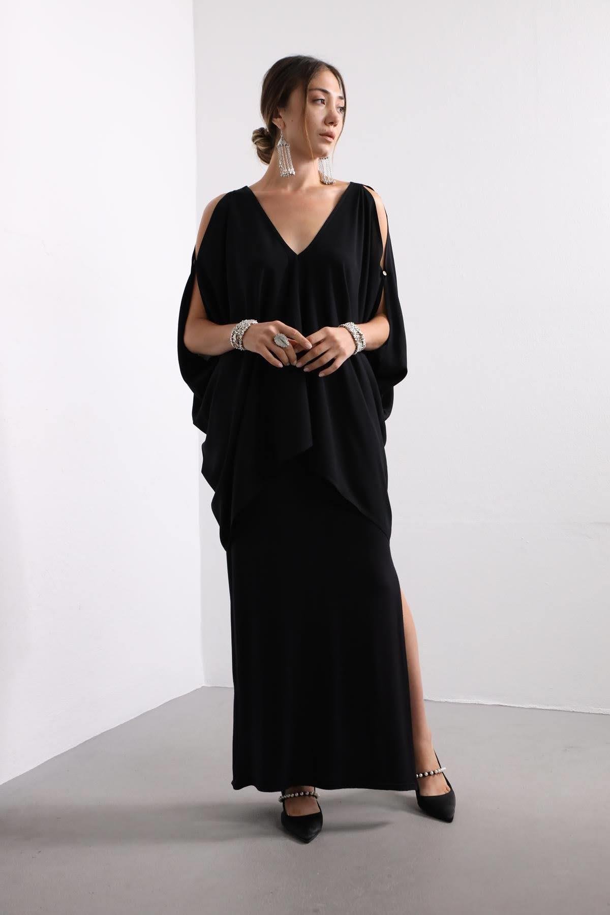 Black Boat Neck Open Shoulder Loose Blouse - Saman Butik | Boho Fashion Black Boat Neck Open Shoulder Loose Blouse