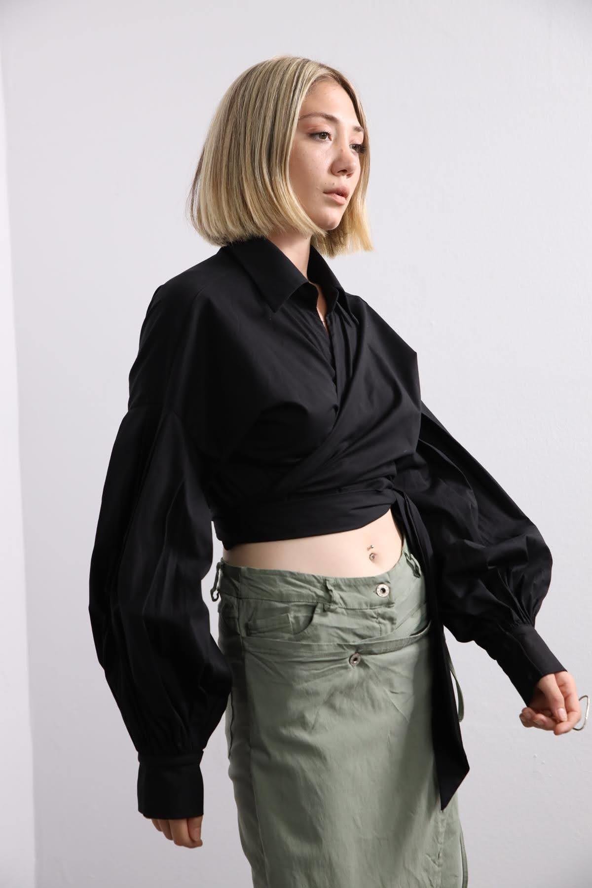 Black Puff Sleeve Tie Detail Blouse - Şaman Butik | Shop Online Black Puff Sleeve Tie Detail Blouse