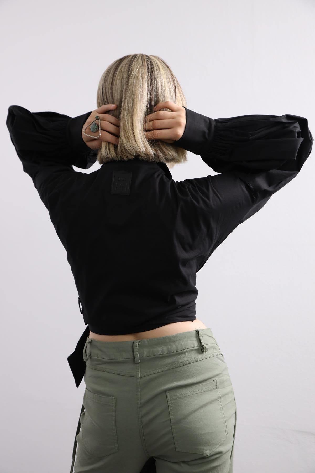 Black Puff Sleeve Tie Detail Blouse - Şaman Butik | Shop Online Black Puff Sleeve Tie Detail Blouse