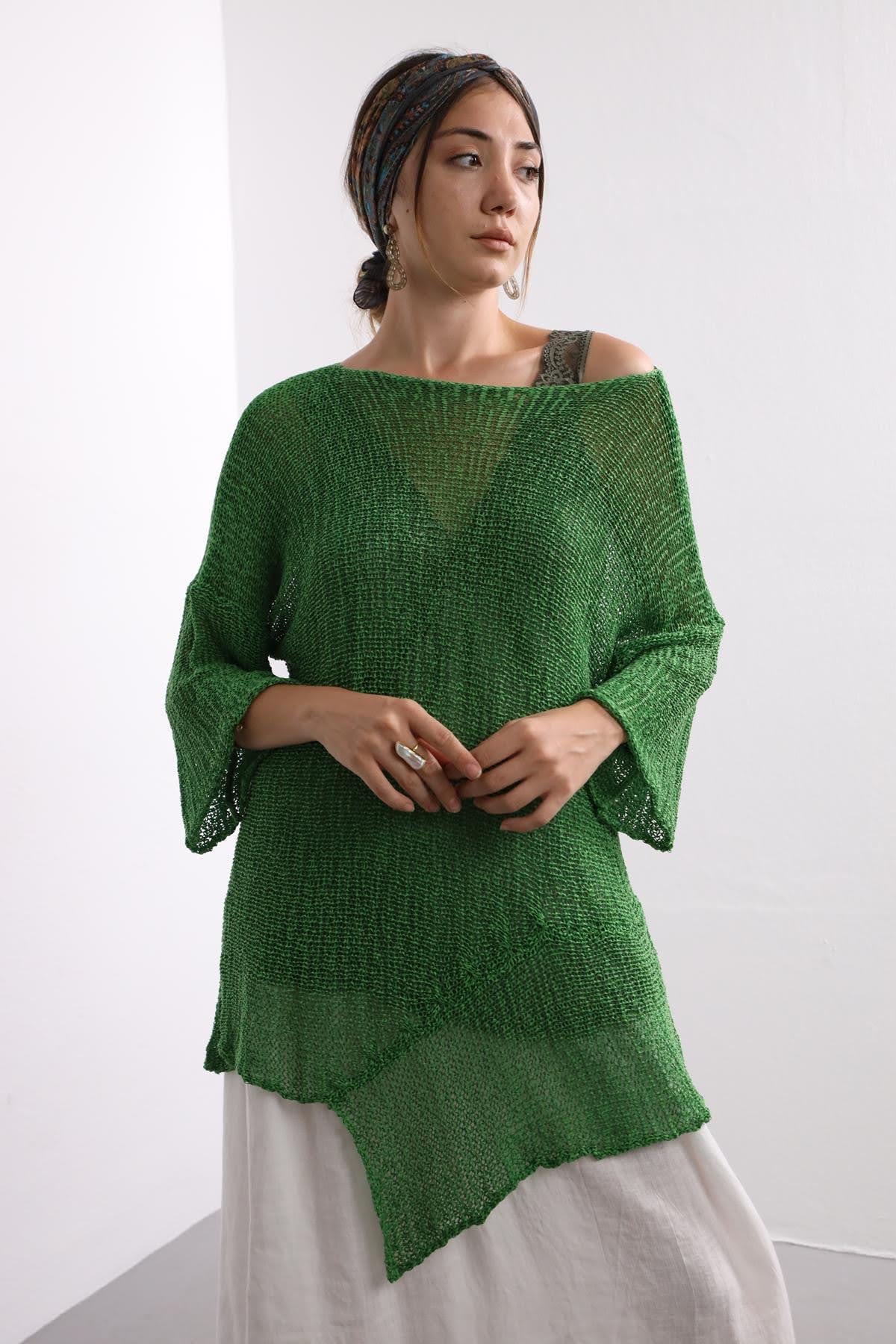 Green Asymmetric Design Mercerized Blouse Green Asymmetric Design Mercerized Blouse