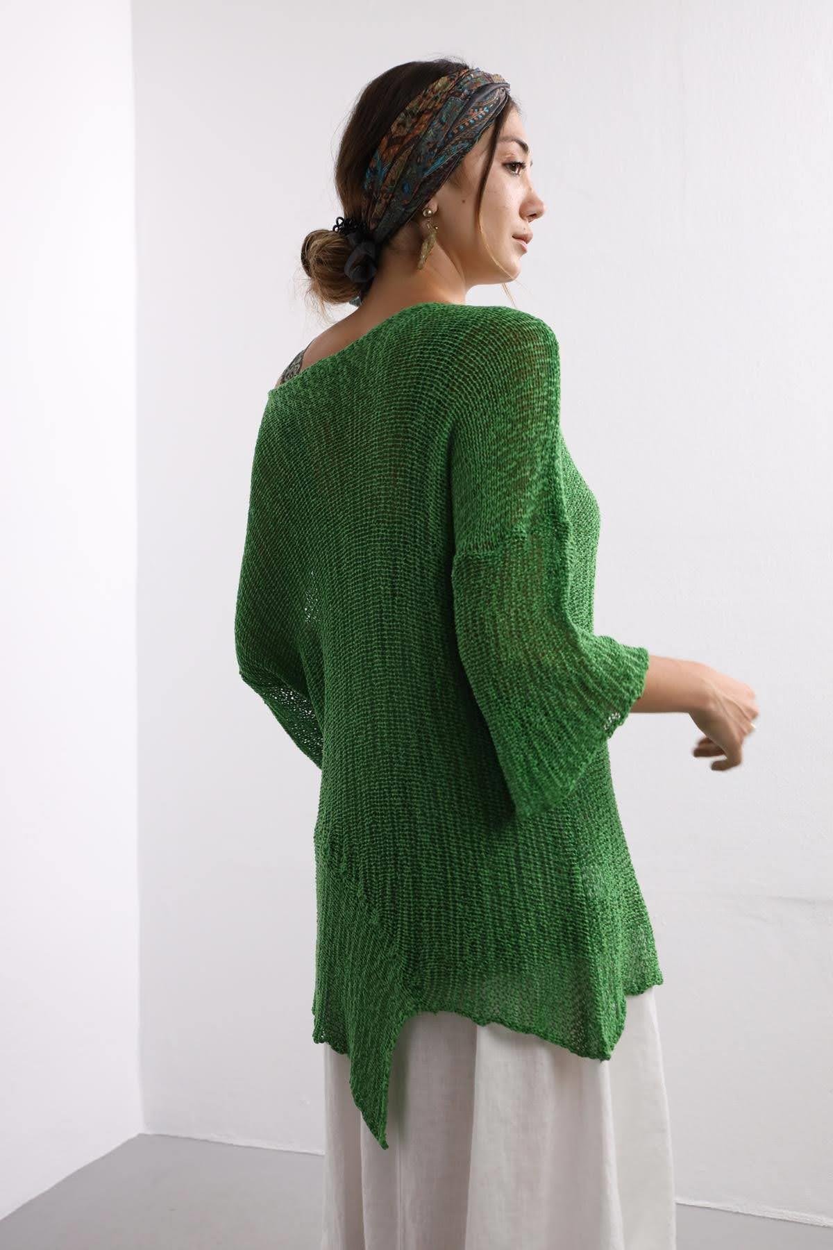 Green Asymmetric Design Mercerized Blouse Green Asymmetric Design Mercerized Blouse