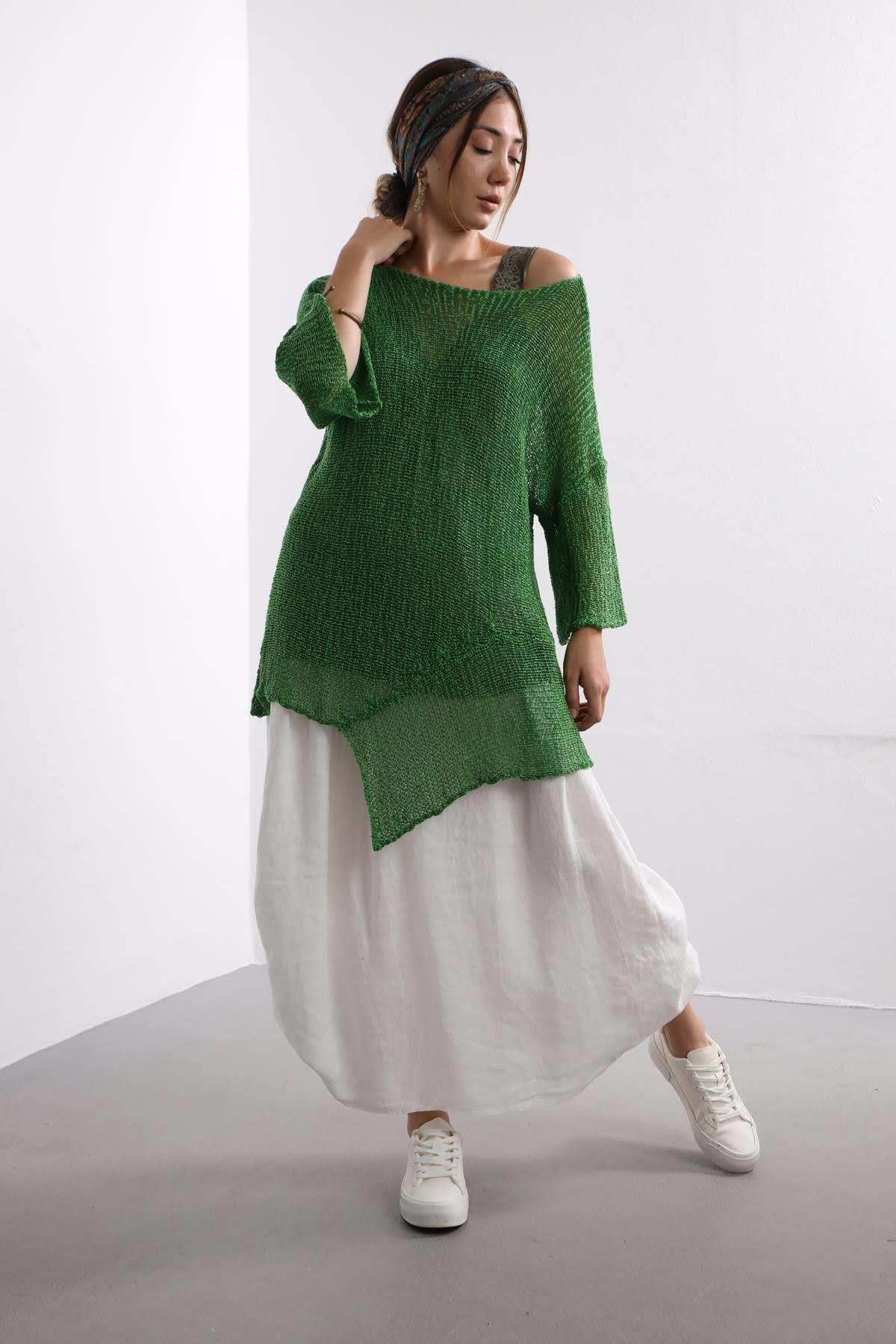 Green Asymmetric Design Mercerized Blouse Green Asymmetric Design Mercerized Blouse