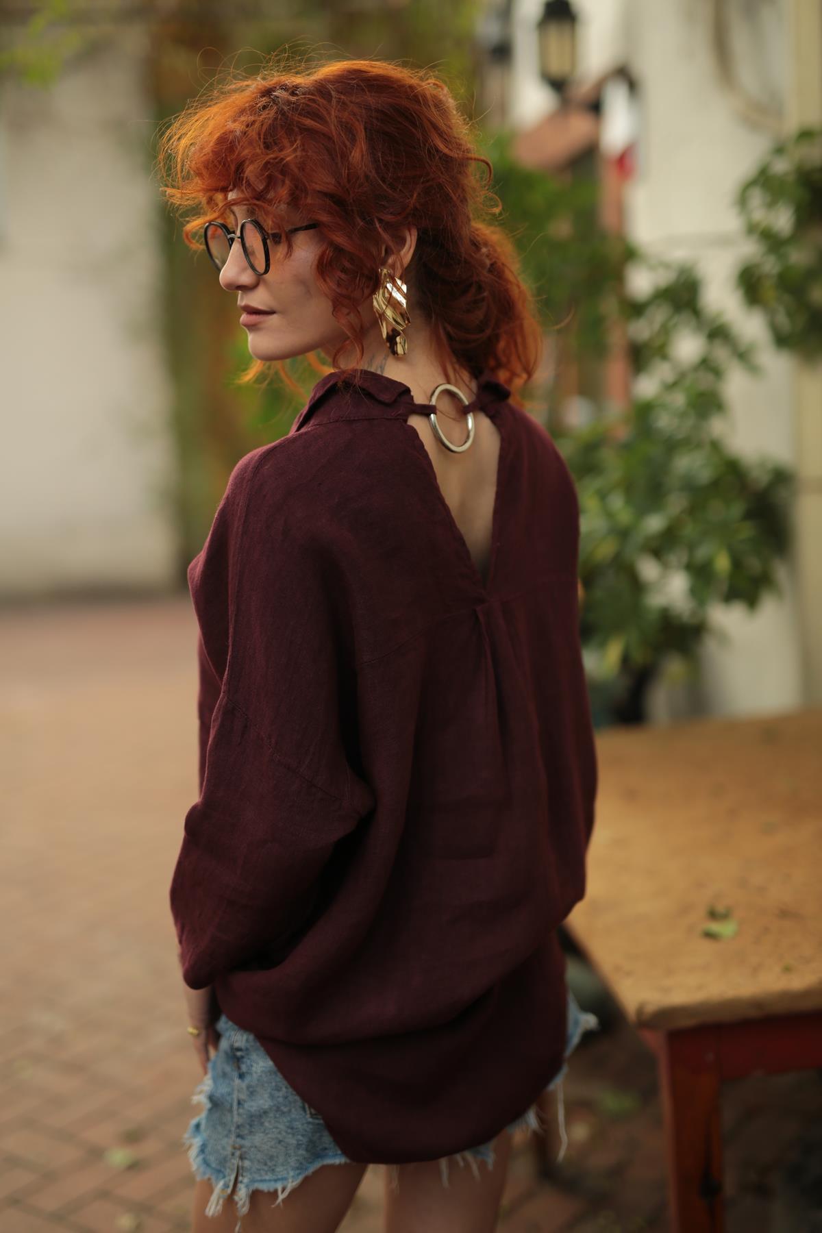 Bordo Arkası Halkalı Keten Gömlek