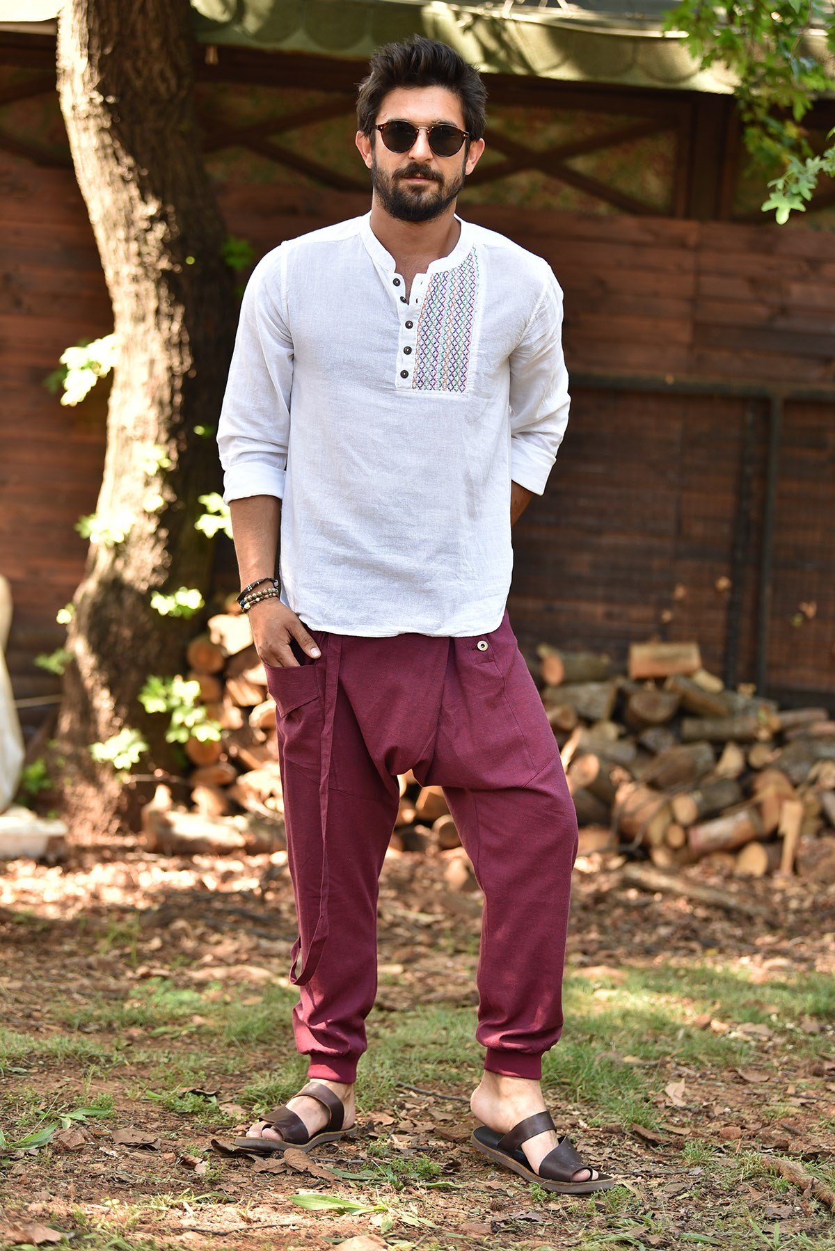  Burgundy Double Breasted Men's Baggy Trousers
