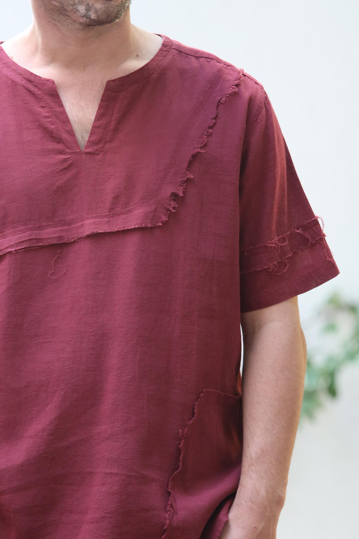 Bordo Kesik Yaka Dikiş Detaylı Erkek Tshirt