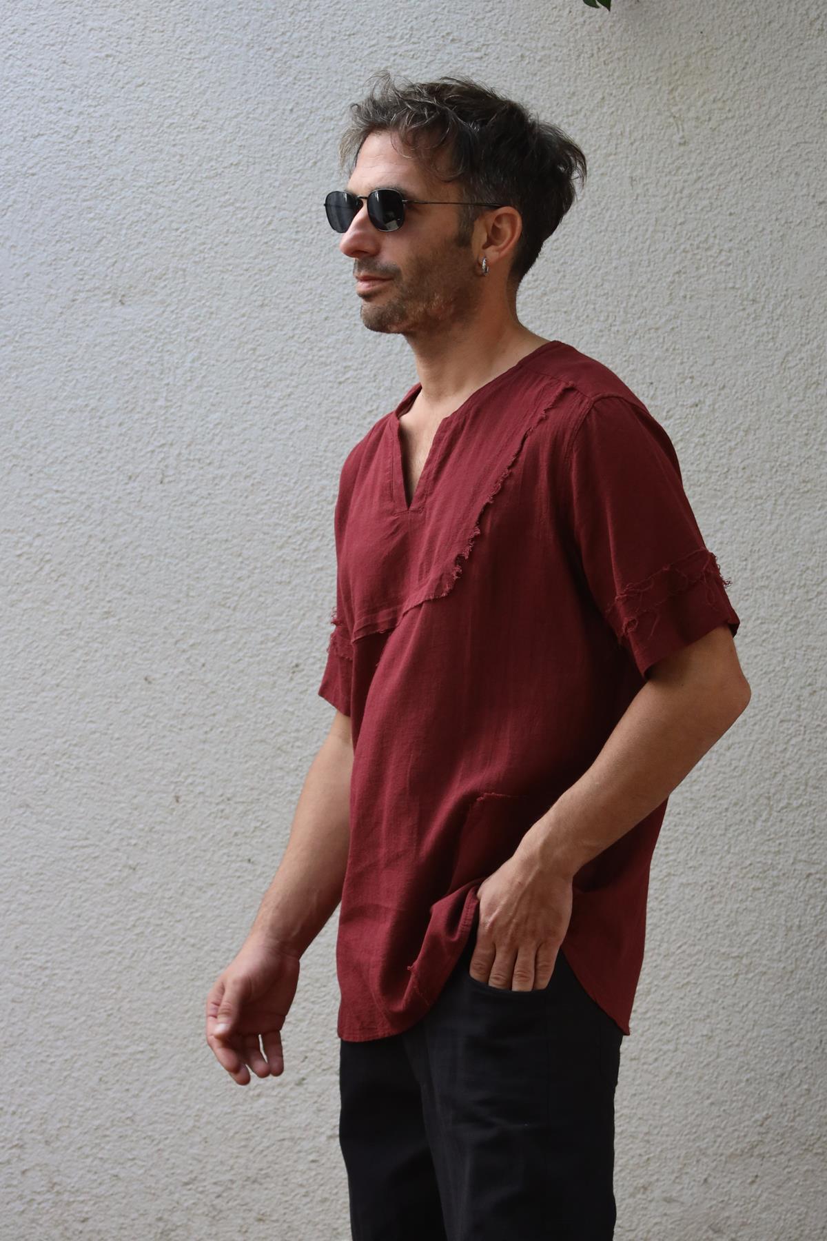 Bordo Kesik Yaka Dikiş Detaylı Erkek Tshirt