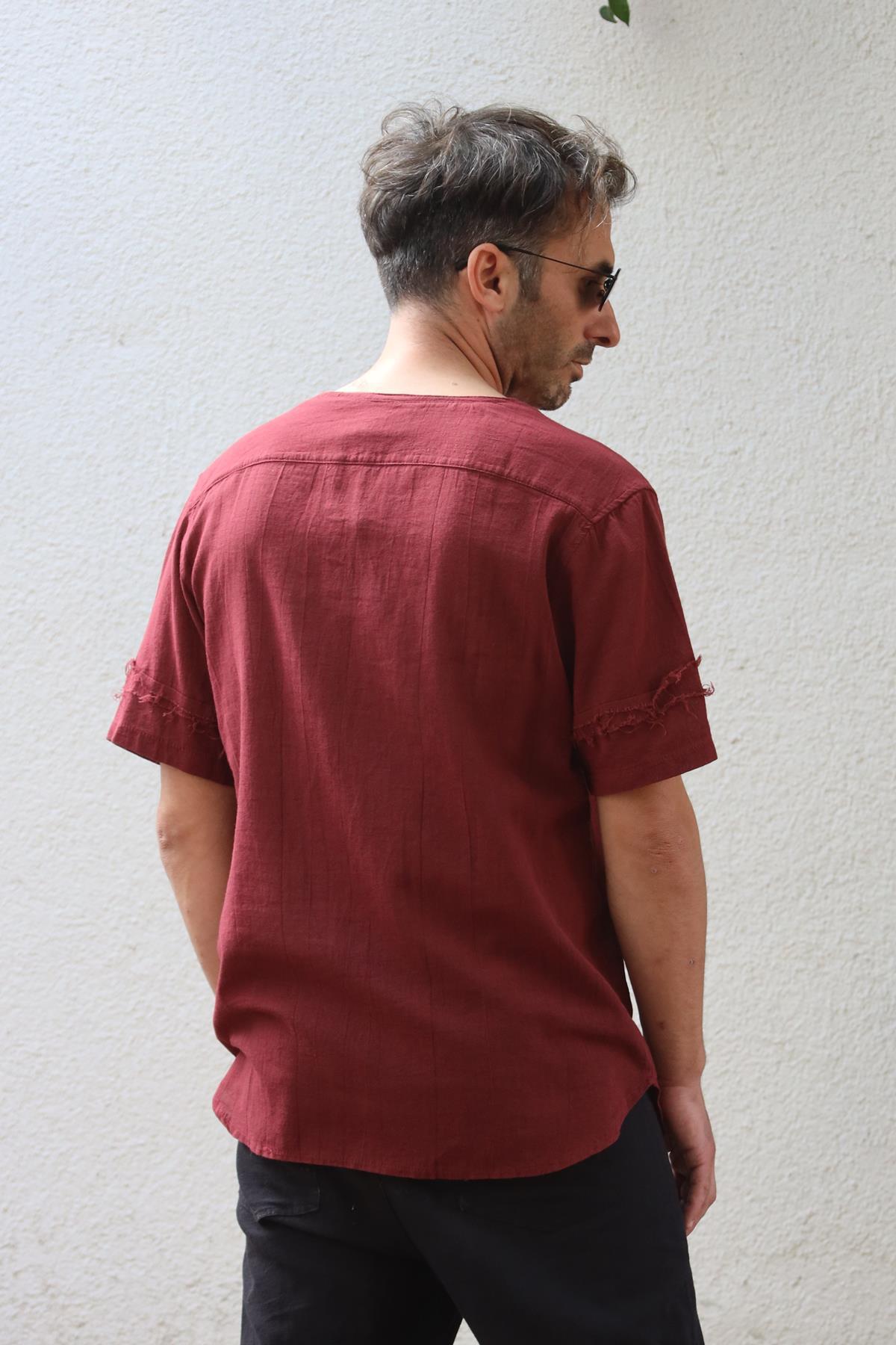 Bordo Kesik Yaka Dikiş Detaylı Erkek Tshirt